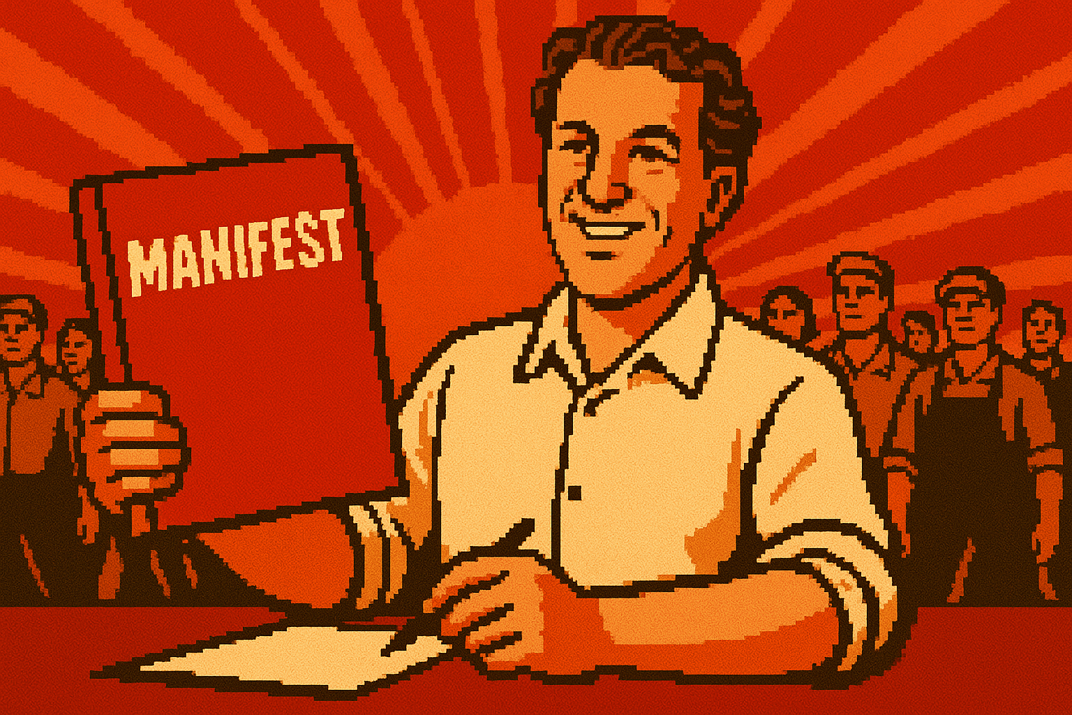 -bit illustratie in retro-Sovjetstijl van een man die een rood boek met de titel ‘MANIFEST’ vasthoudt, met een glimlach en een groep arbeiders op de achtergrond onder stralende zonnestralen — symbool voor samenwerking, visie en leren op de werkvloer
