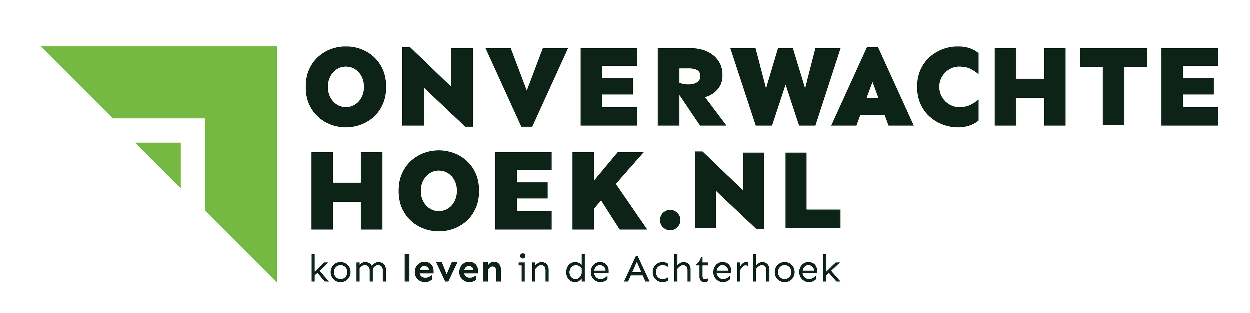 Logo van Onverwachte Hoek met een groene en zwarte kleur, met de tekst 'Onverwachte Hoek.nl' en de slogan 'kom leven in de Achterhoek'. Maarten Brand gaf hier een lezing stage-expert
