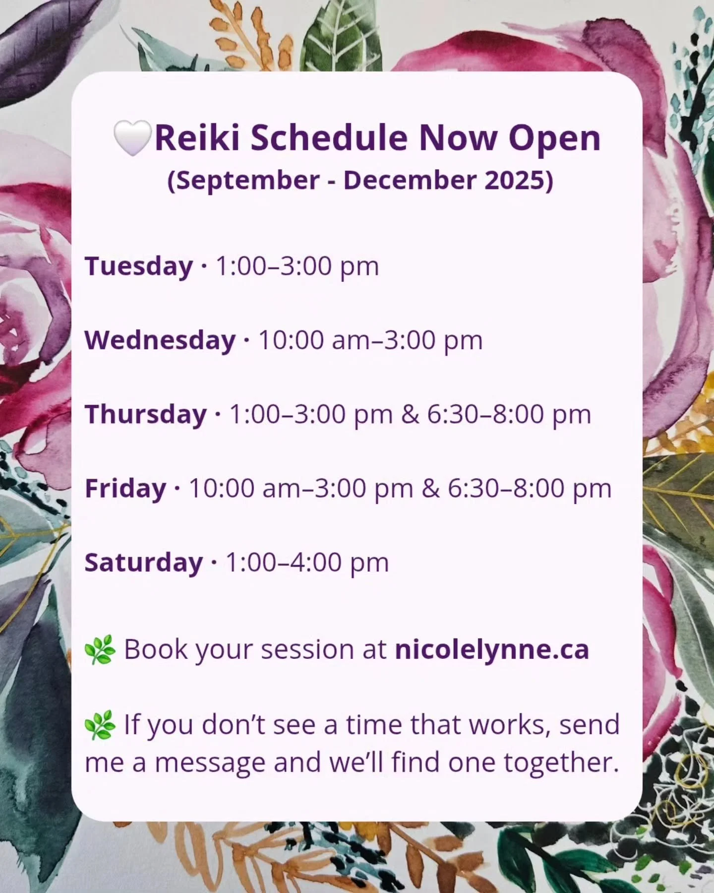 My fall Reiki schedule (September&ndash;December 2025) is now open! 💕

I&rsquo;ve set aside time each week to support you with rest, balance, and gentle energy healing 🌿

If you don&rsquo;t see a time that works for you, please reach out, and we ca