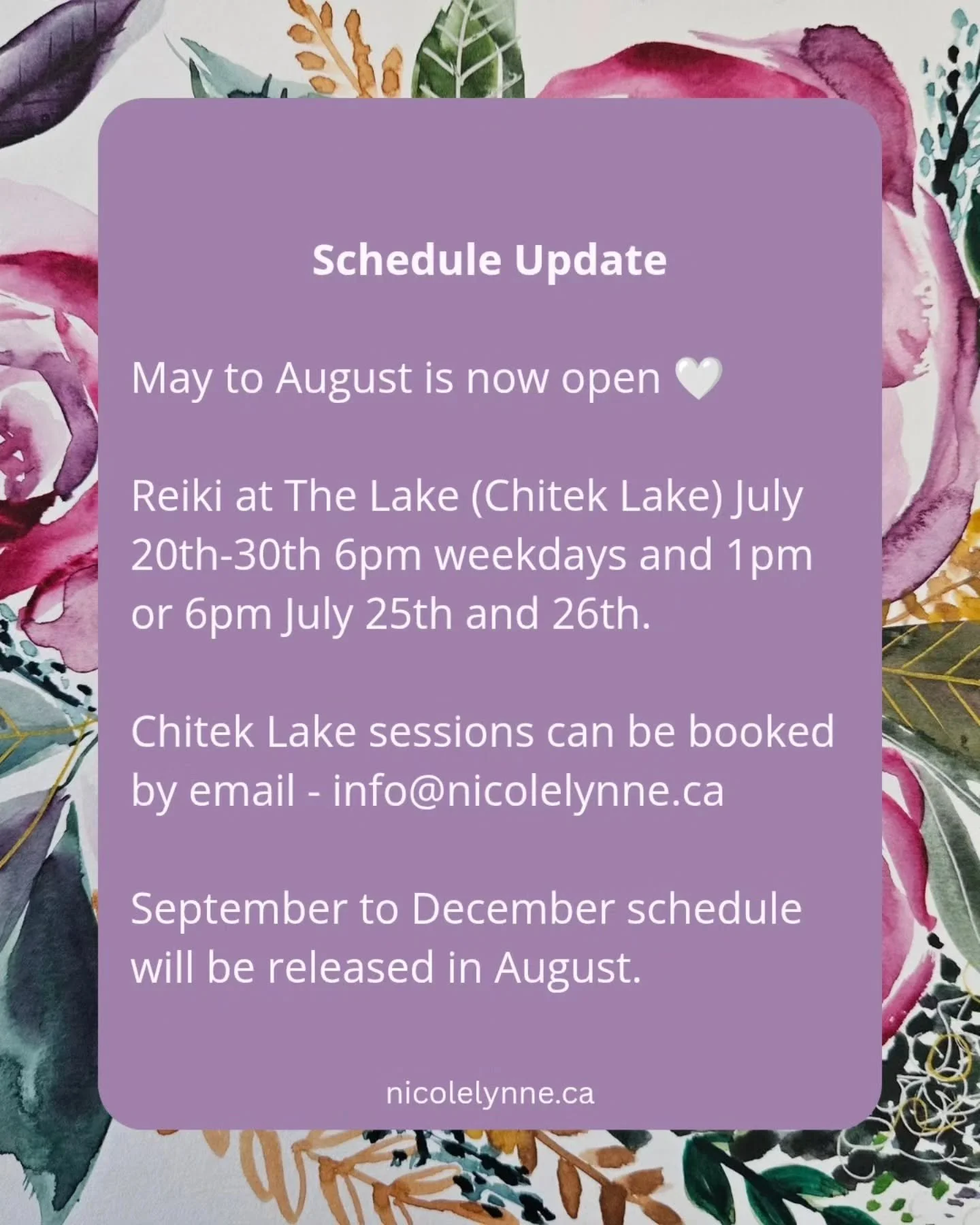 Happy Spring! My schedule is set for May until the end of August. September to December schedule will be coming out at the end of August. 

Reiki at the Lake (Chitek Lake) will be July 20th-30th. Email to book your spot - info@nicolelynne.ca 

#reiki