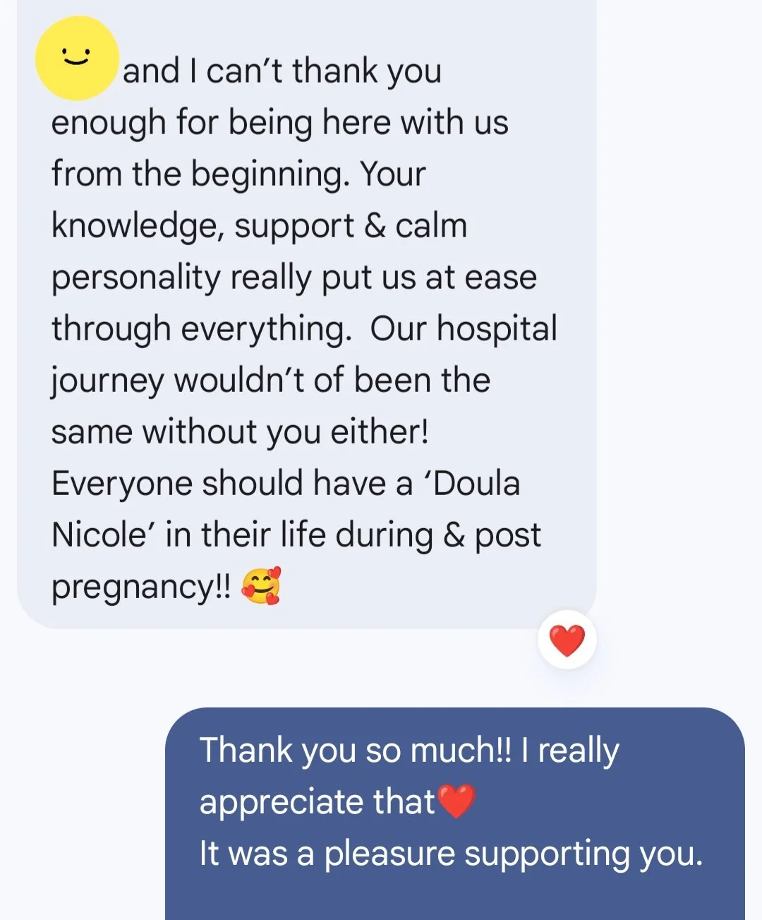 Screenshot of a supportive message exchange about the importance of a supportive person during a hospital journey, featuring a smiling yellow face and red heart emojis.