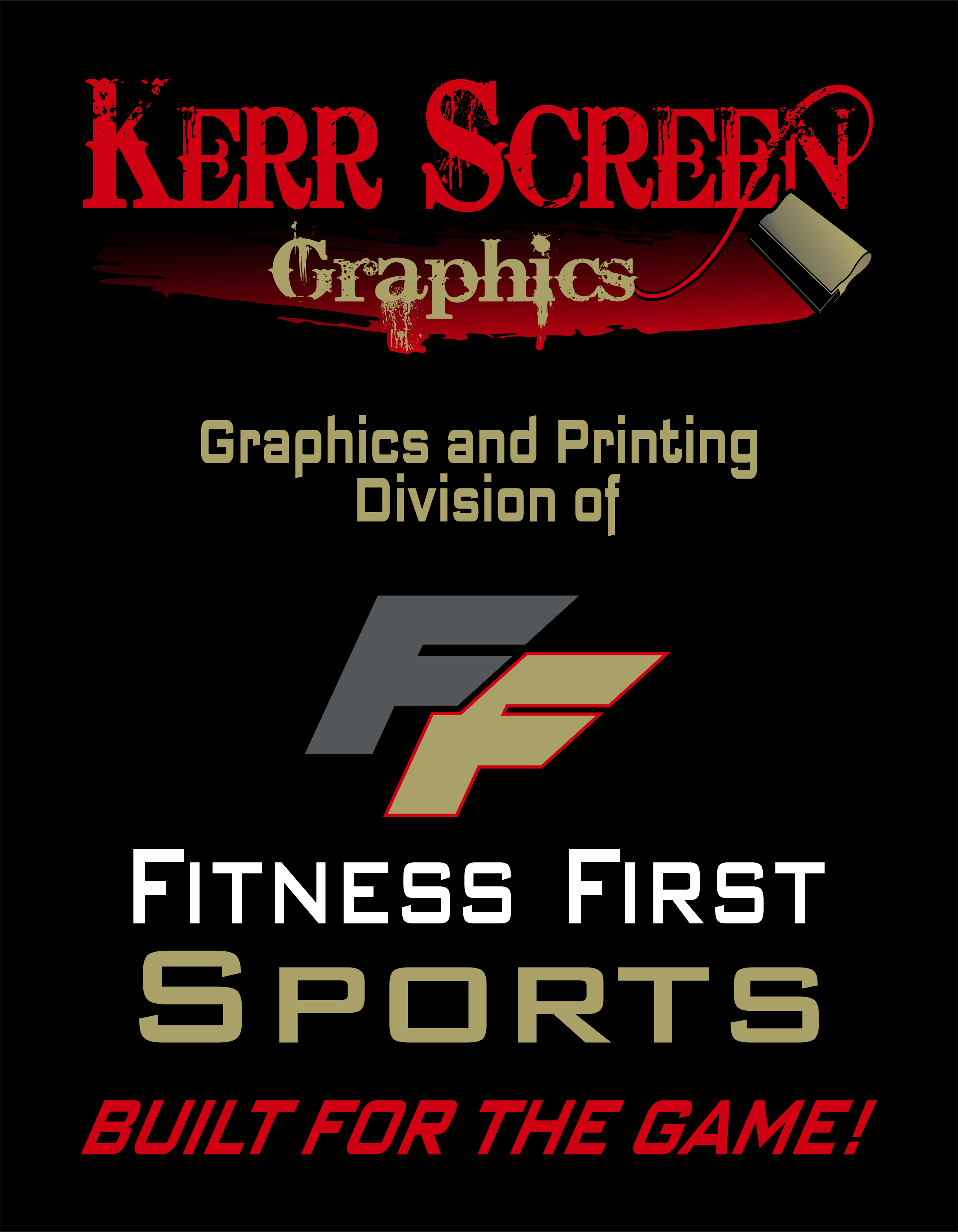 Logo for Kerr Screen Graphics with text 'Graphics and Printing Division of Fitness First Sports' and a stylized 'F' logo, featuring red, beige, gray, and black colors.