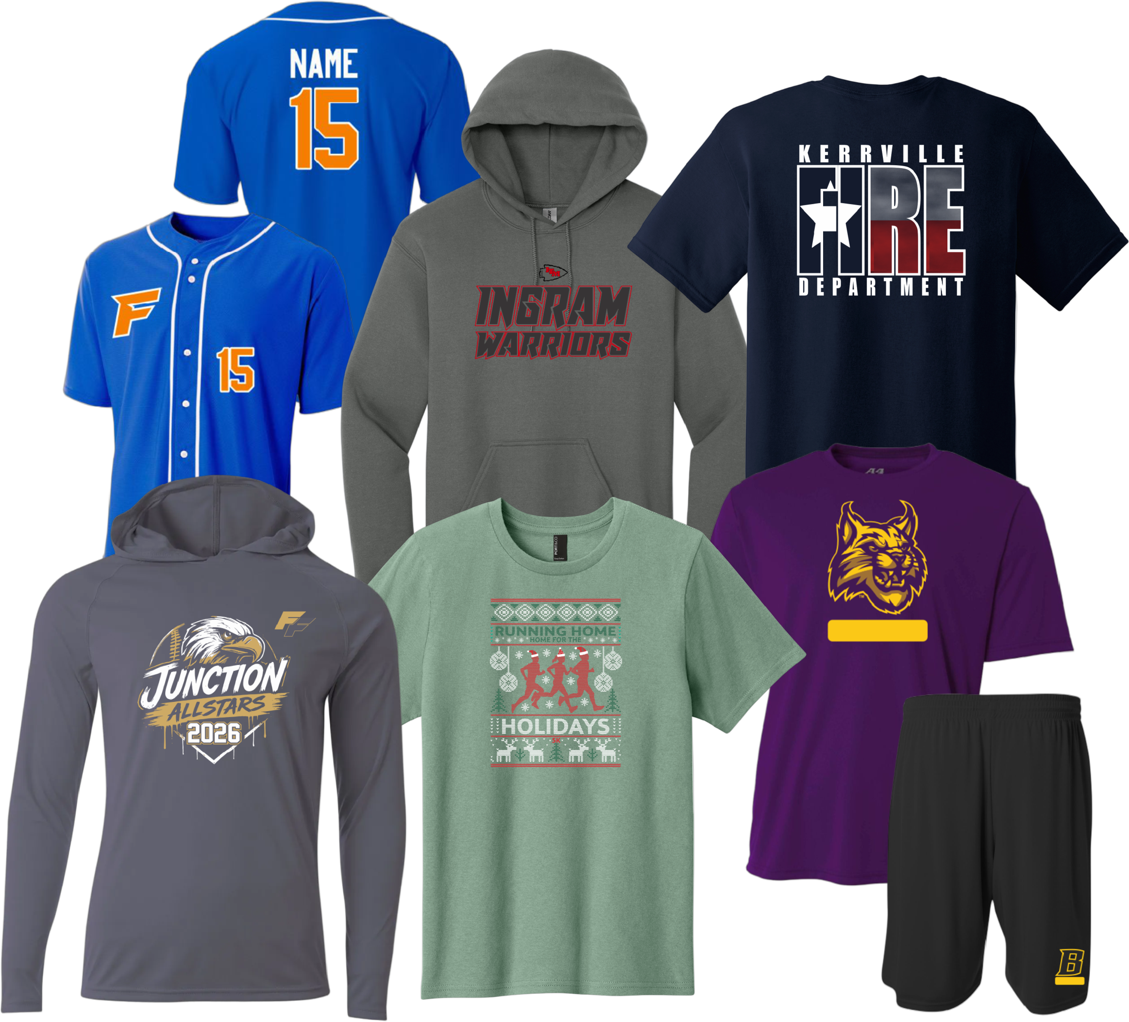 A collection of various casual clothing items including a gray hooded sweatshirt with 'Ingram Warriors' logo, a blue baseball jersey with the number 15, a black hoodie with a wolf logo, a green T-shirt with holiday graphic, a purple T-shirt with a yellow wolf logo, and some hats.