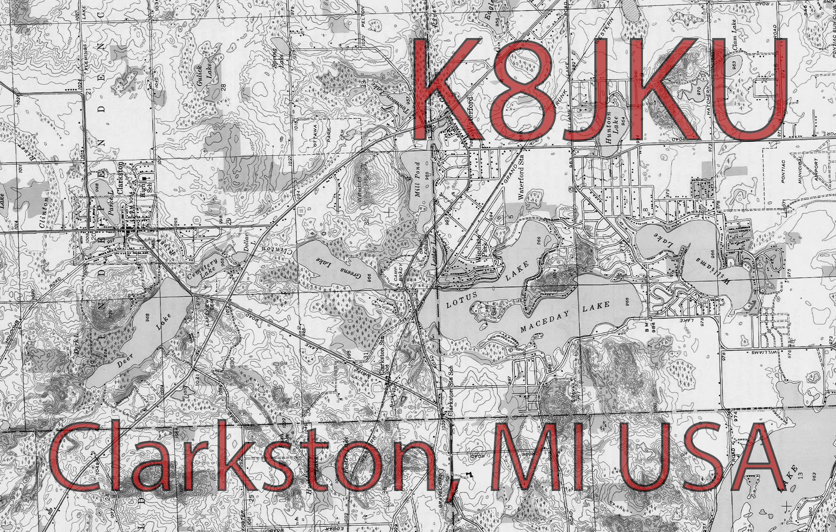 K8JKU home QSL card featuring a historical topographic map of Clarkston, Michigan