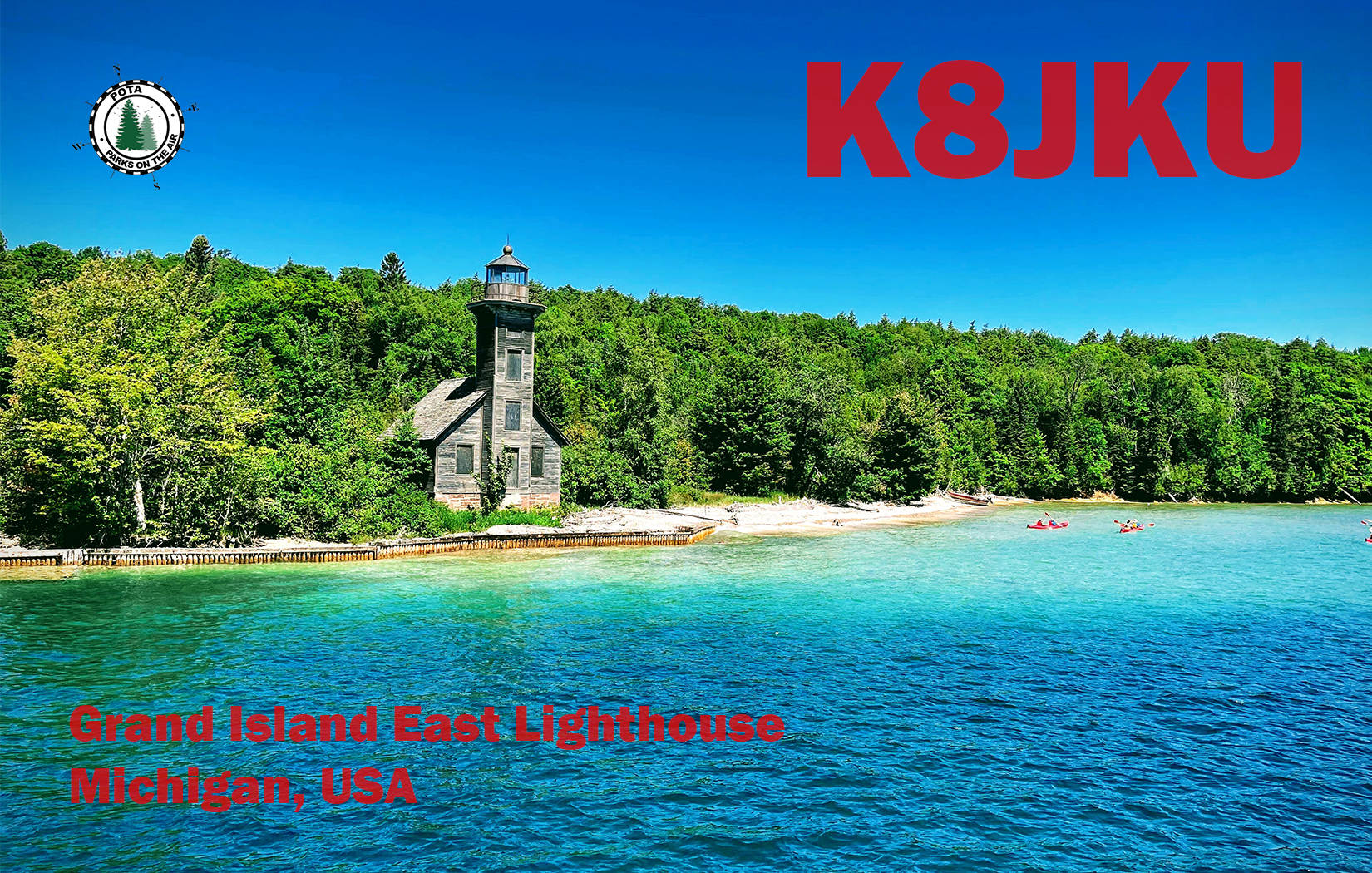 K8JKU QSL card featuring the Grand Island East Channel Lighthouse near Munising, Michigan