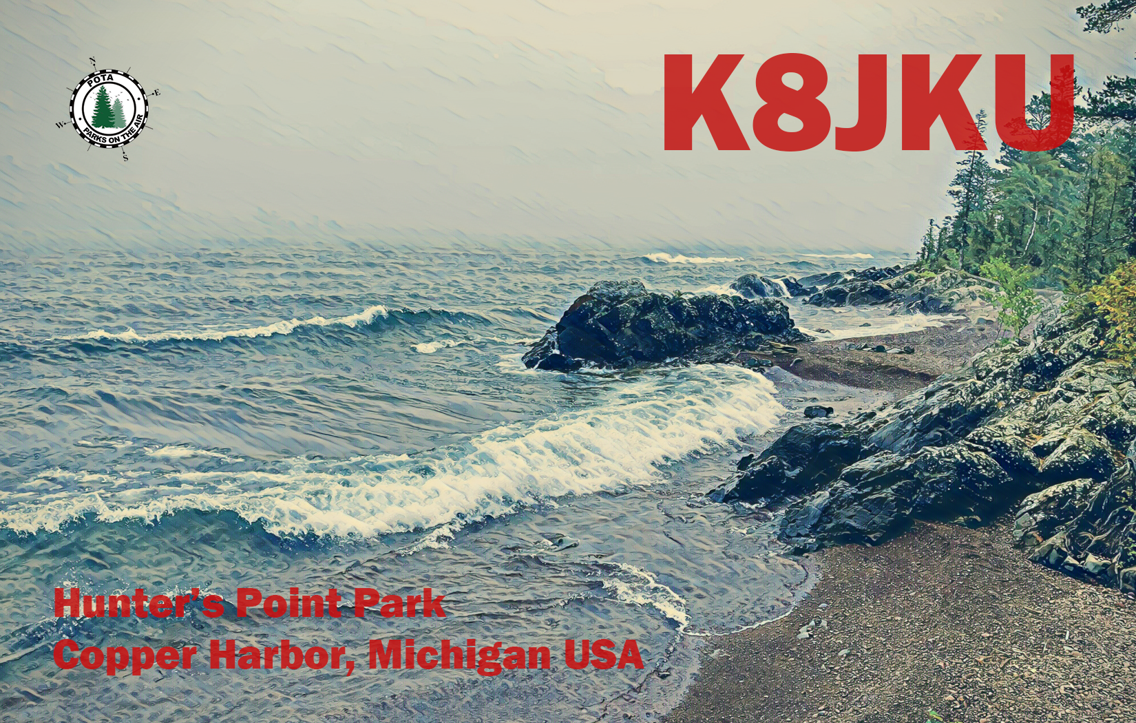K8JKU QSL card featuring Lake Superior waves on the rock formations at Hunter's Point Park, Copper Harbor, Michigan
