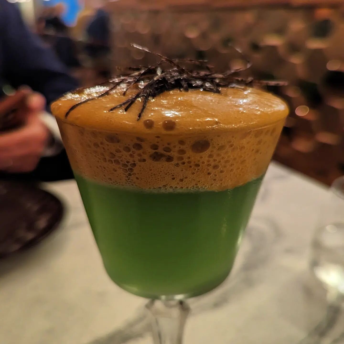 Sea Foam or more like a Lobster Bisque foam with Seaweed on top.  Cocktail with Tequila, Lime Cayenne and Cardamom . Perfect with Shrimp #cocktails #tasco #porto