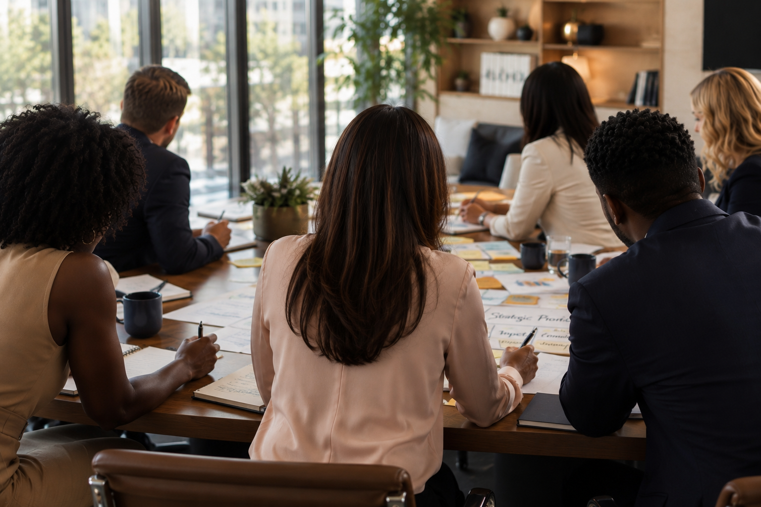 DeLarge Strategies Founder leading diverse professionals during a strategy meeting.