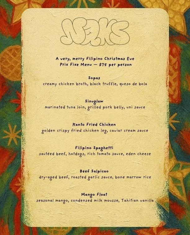 At Naks, the holidays are all about being walang hiya, so for Christmas Eve + New Year&rsquo;s Eve, we&rsquo;re throwing a full-on Filipino party on a plate with a prix fixe menu built around all of the craveable classics 🤌⁠
⁠
Yes, there will be Fil