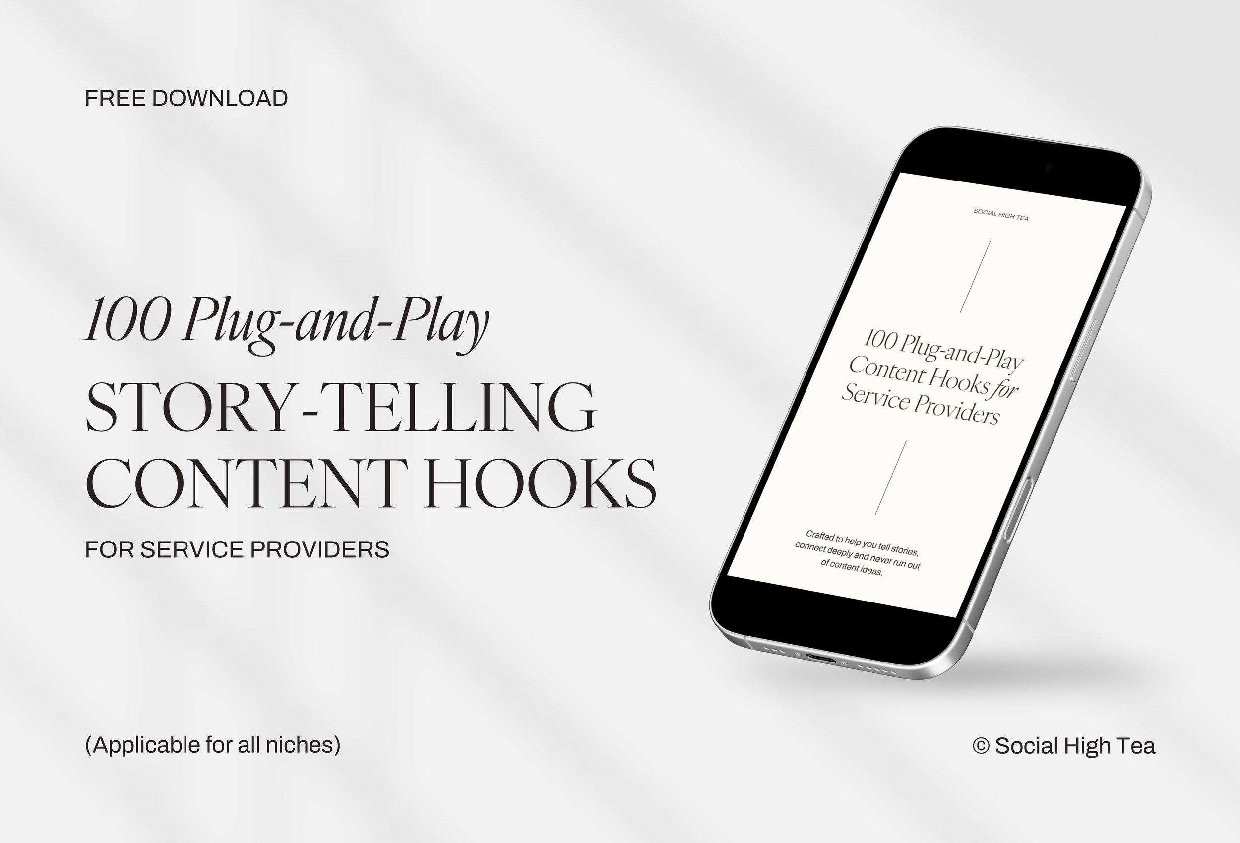 Digital mockup of a PDF titled “100 Plug-and-Play Content Hooks for Service Providers” displayed on a neutral background