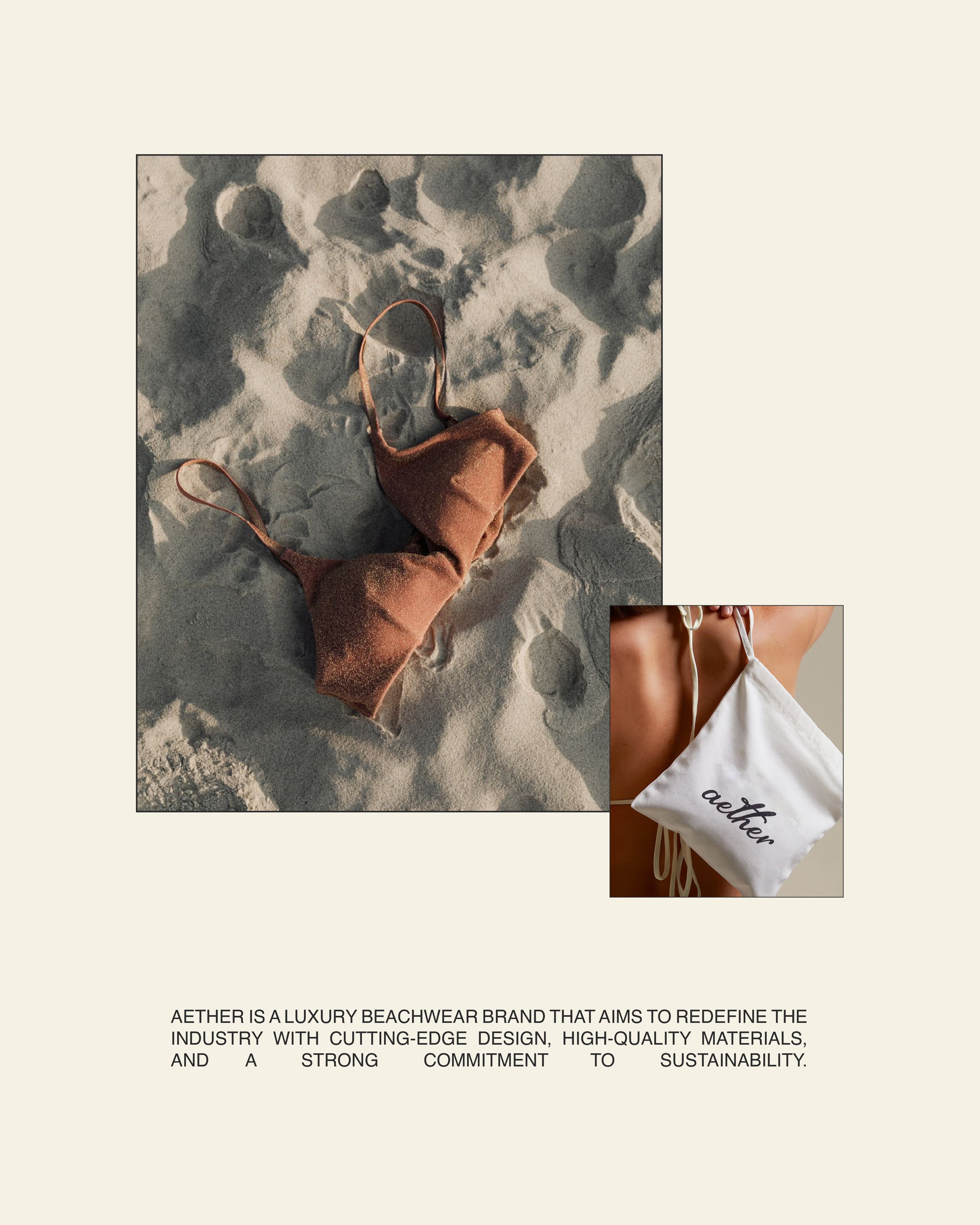 Moodboard from the Aether branding kit featuring beachwear visuals and soft, luxe imagery