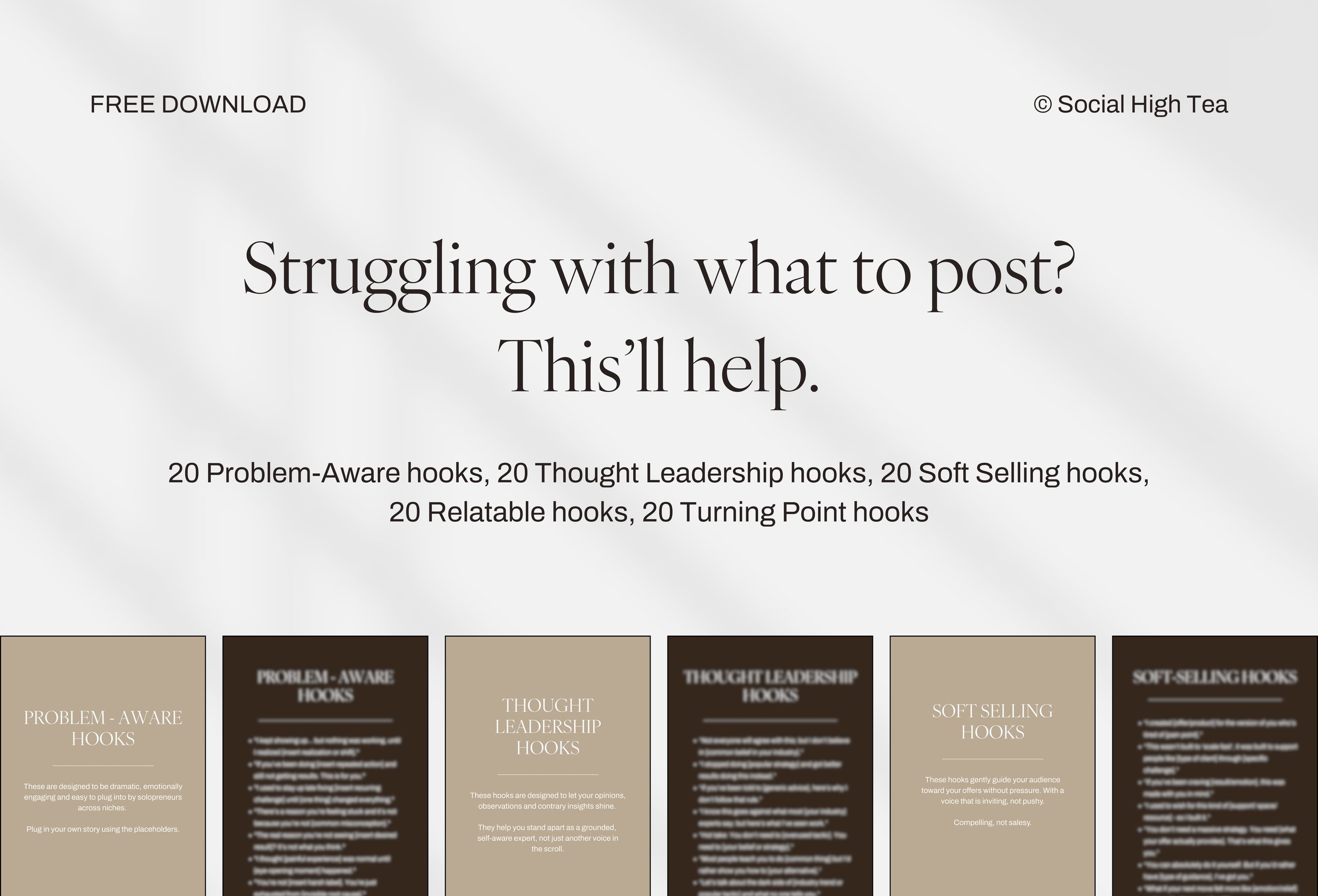 Preview of PDF pages from free content hooks guide, showing storytelling-based content categories