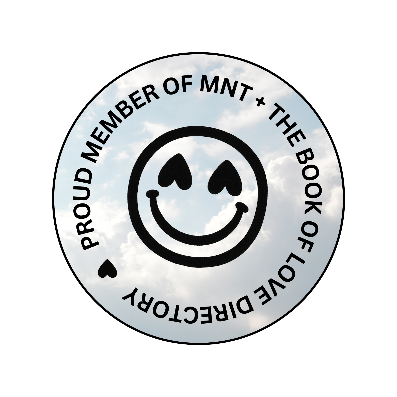Round badge with cloud background. Reads 'Proud Member of MNT - The Book of Love Directory' with a heart and a smily face