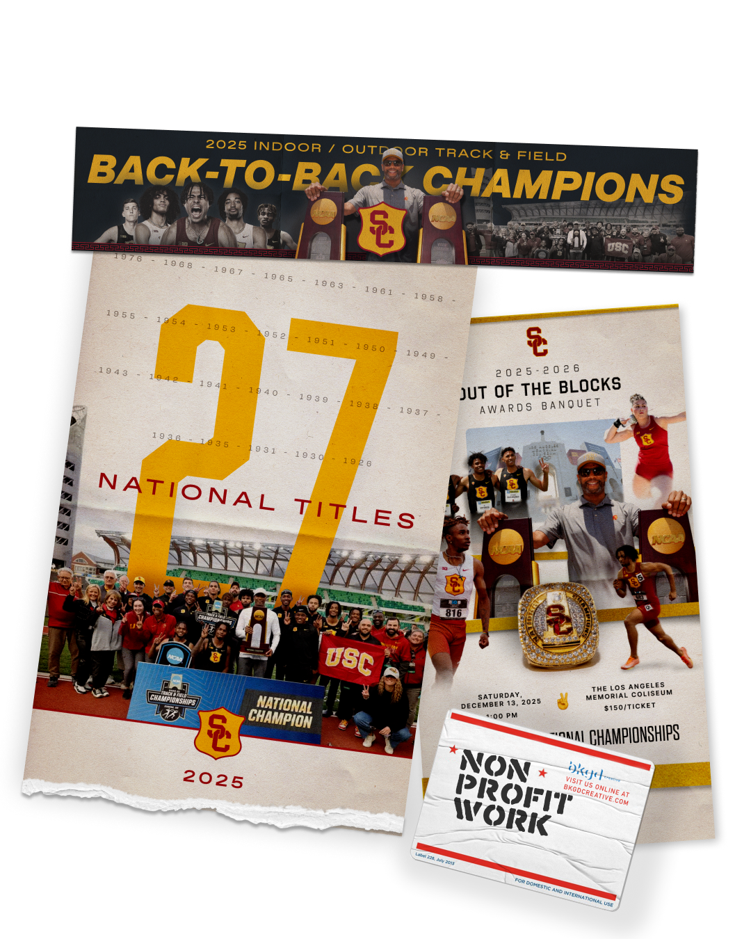 Collection of UCLA Athletics memorabilia including banners, posters, and awards celebrating national titles and championship victories.