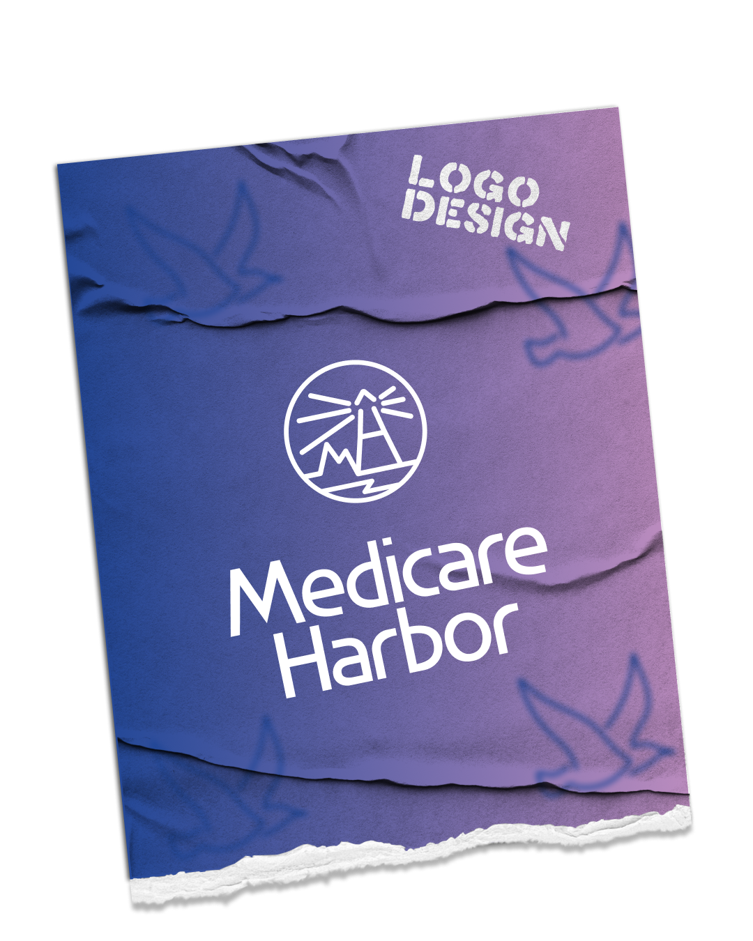 A crumpled purple and blue paper with a white logo of a lighthouse and waves, and the text 'Medicare Harbor' and 'LOGO DESIGN' on it.