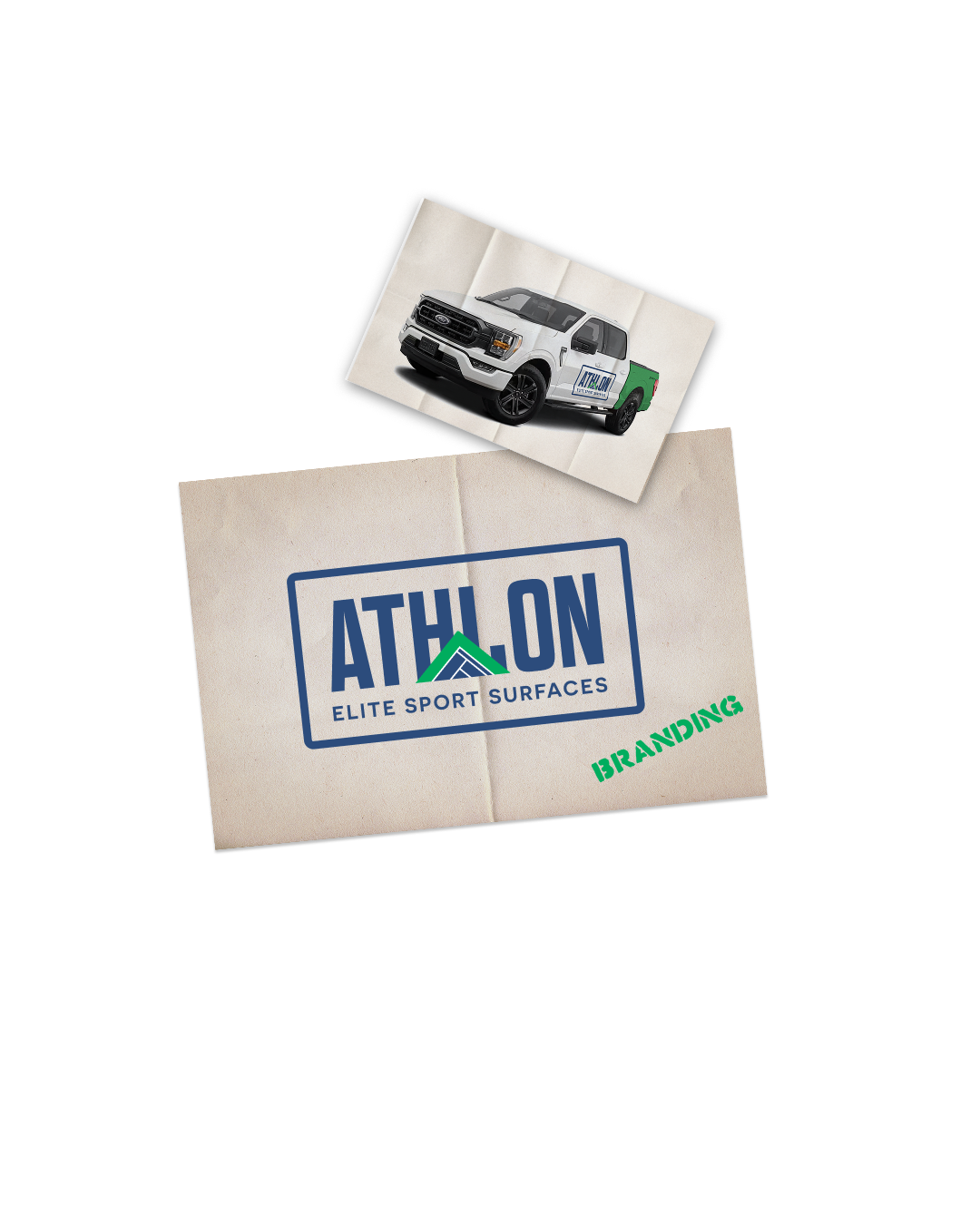 Photo of a branded box with the ATHLON logo and the words "Elite Sport Surfaces" and "Branding" in green, with an inset image of a white pickup truck with a logo on the side.