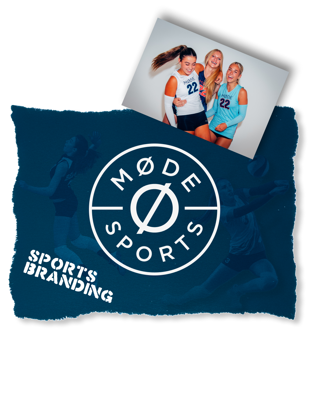 A promotional graphic for MØDE Sports featuring a social media photo of three smiling women in sports uniforms and a background image of volleyball players in action.