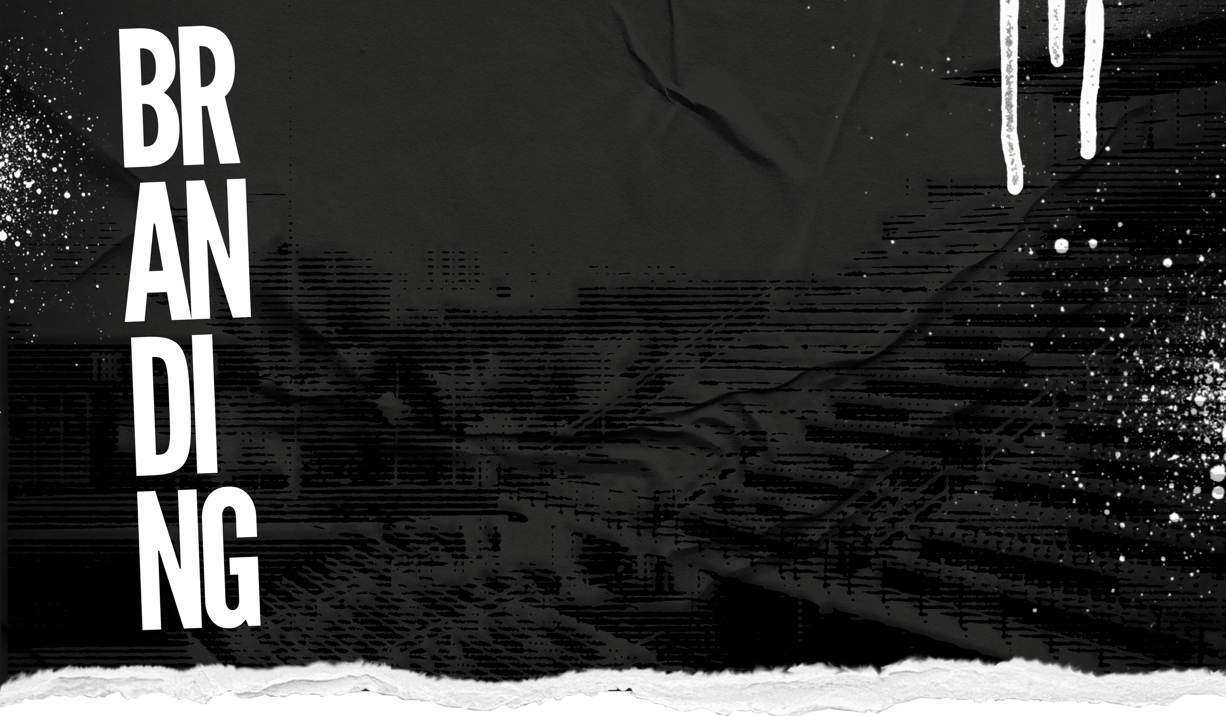 Black and white abstract design with vertical white text saying "BRANDIDING" on the left side, textured background with splatters, lines, and drips, and torn paper edges at the bottom.