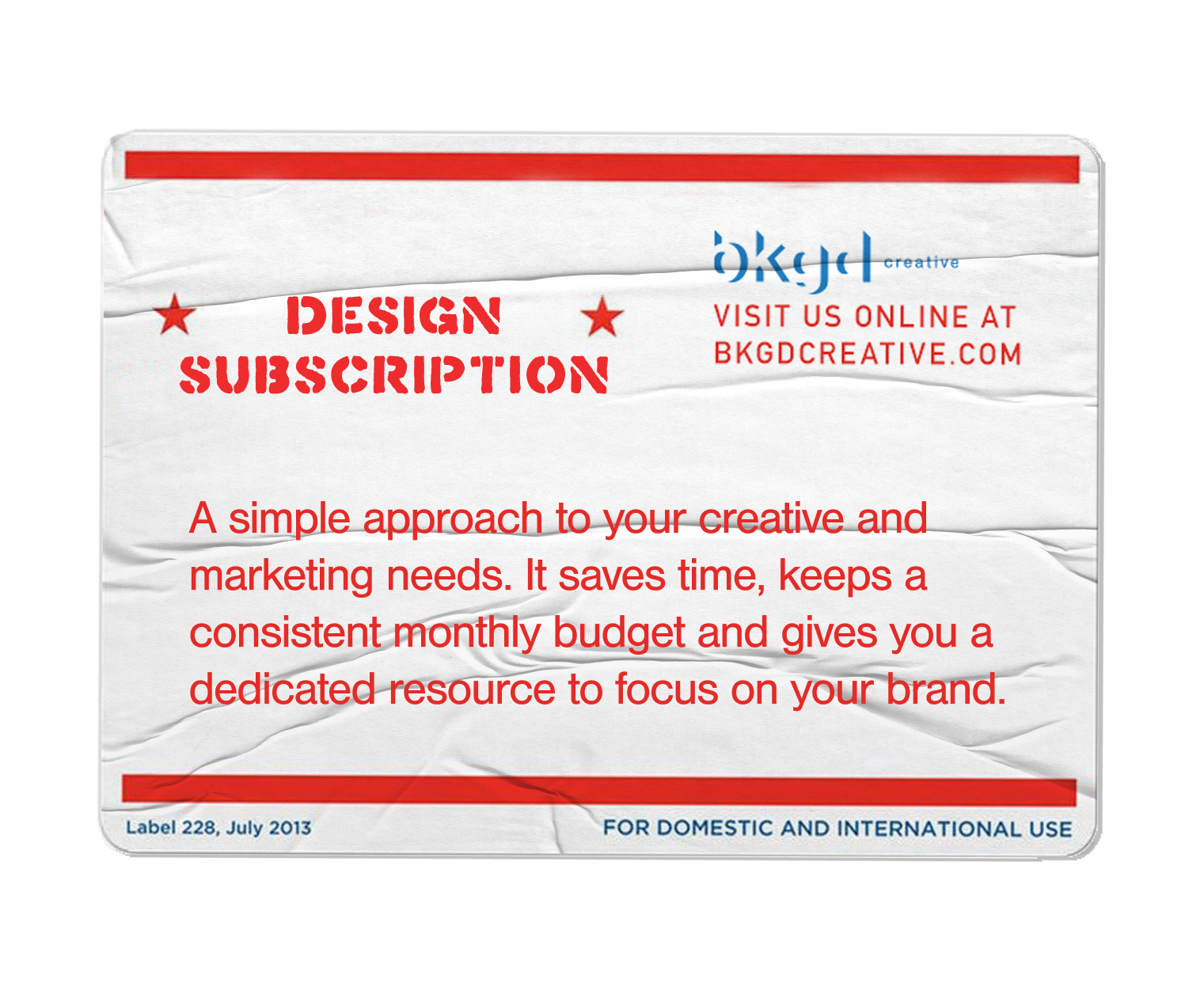 Crumpled paper with red, blue, and black text promoting design subscription services, including website URL, description, and date of issue.