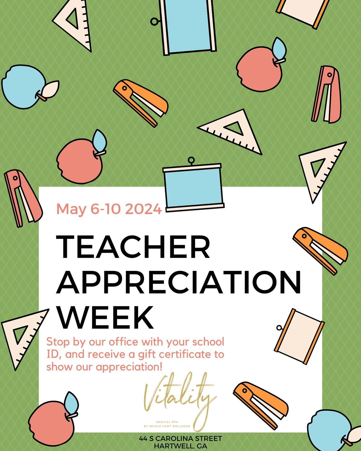 We want to show our appreciation for the hard work of teachers and nurses! Now through May 10th, present your ID and receive a gift certificate as a token of our gratitude. Thank you for all you do! 🍎💉 

44 S Carolina Street
Hartwell, Ga 
706-376-6