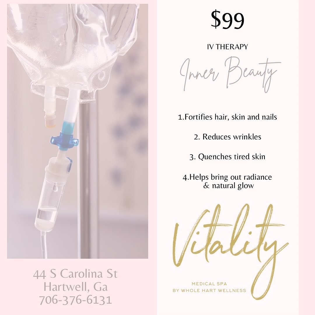 Unlock your inner glow! 🌟 

Join us this month at Vitality and indulge in our Inner Beauty IV treatment for just $99 (regularly $180). Let your inner radiance shine through! Book your appointment now!

706-376-6131
44 S Carolina Street
Hartwell, Ga