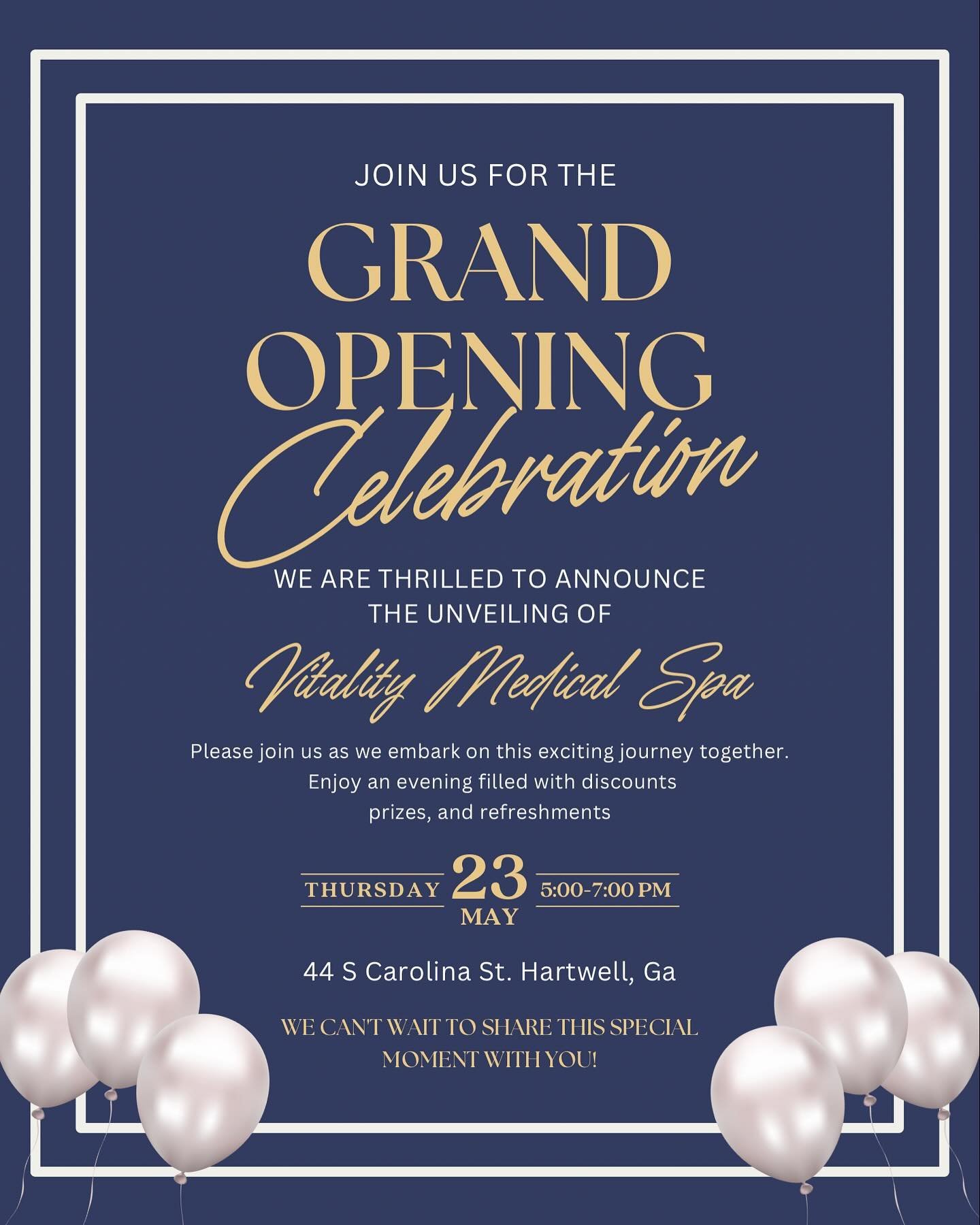 Join us for the Grand Opening of our new location for Vitality Medical Spa! 🤩

Date: Thursday, May 23rd 
Time: 5-7:00pm
Location: 44 S Carolina St. , Hartwell Ga

Enjoy complimentary refreshments, exclusive discounts on services, and giveaways throu
