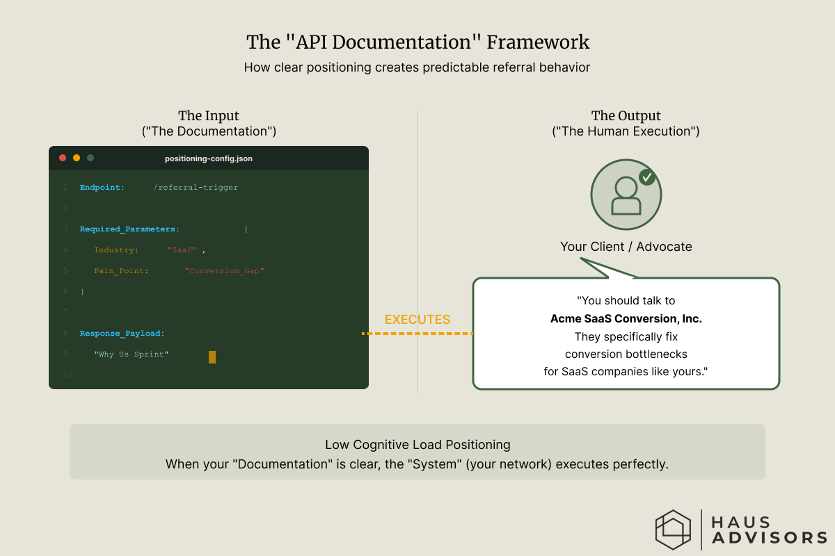 A split-screen visual metaphor for agency positioning, showing a technical code block (input) resulting in a clear, high-fit client referral (output)