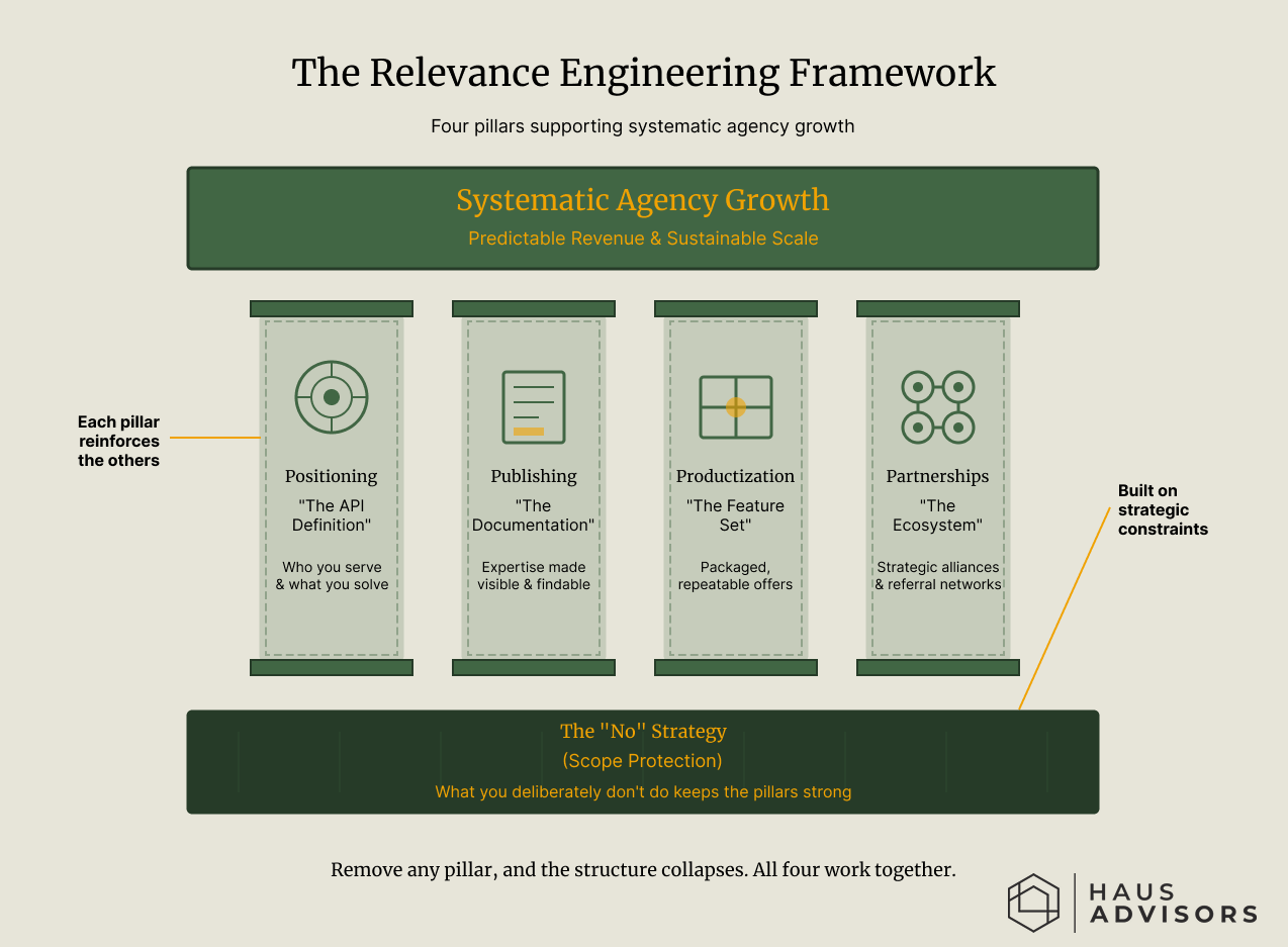 The 4-pillar agency growth strategy framework showing Positioning, Publishing, Productization, and Partnerships supporting systematic revenue growth.
