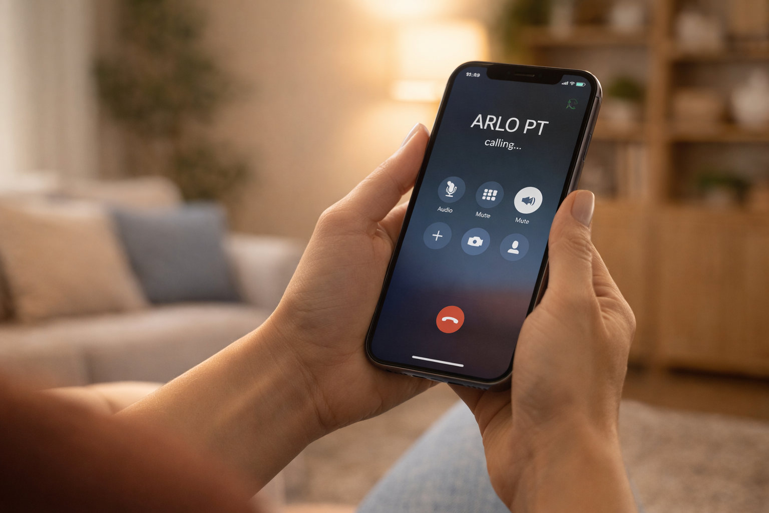 Person holding a smartphone in a living room, making a call to ARLO PT with options for audio, mute, camera, and contacts visible on the screen.