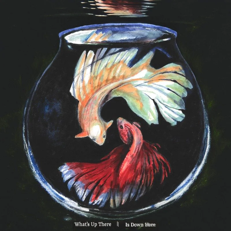 Painting of two fish inside a round glass bowl, one light-colored and one red, with water ripples at the top. Text at the bottom reads "What's Up There | Is Down Here."