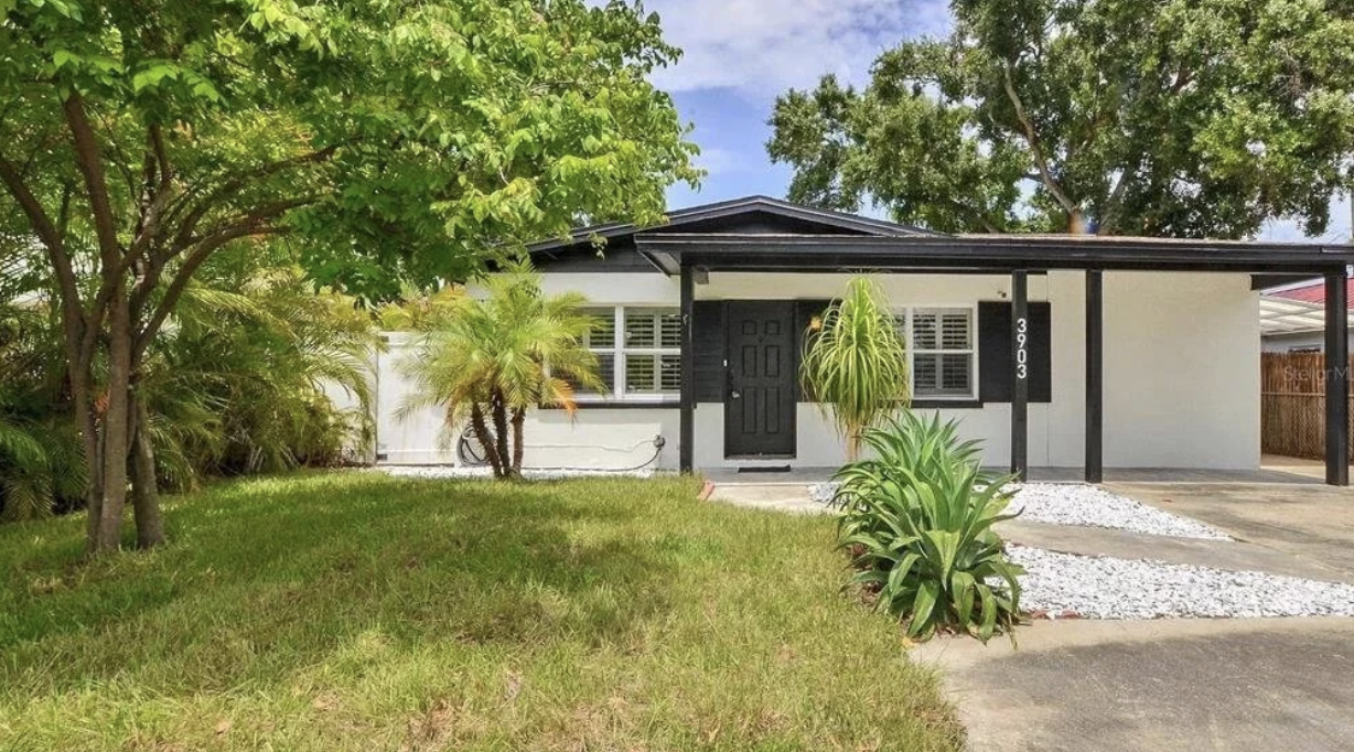 Front view of a modern single-story house with a black door, white walls, and a black roof, surrounded by green trees and plants.