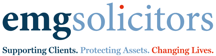 The logo of emg solicitors with the tagline 'Supporting Clients. Protecting Assets. Changing Lives.'
