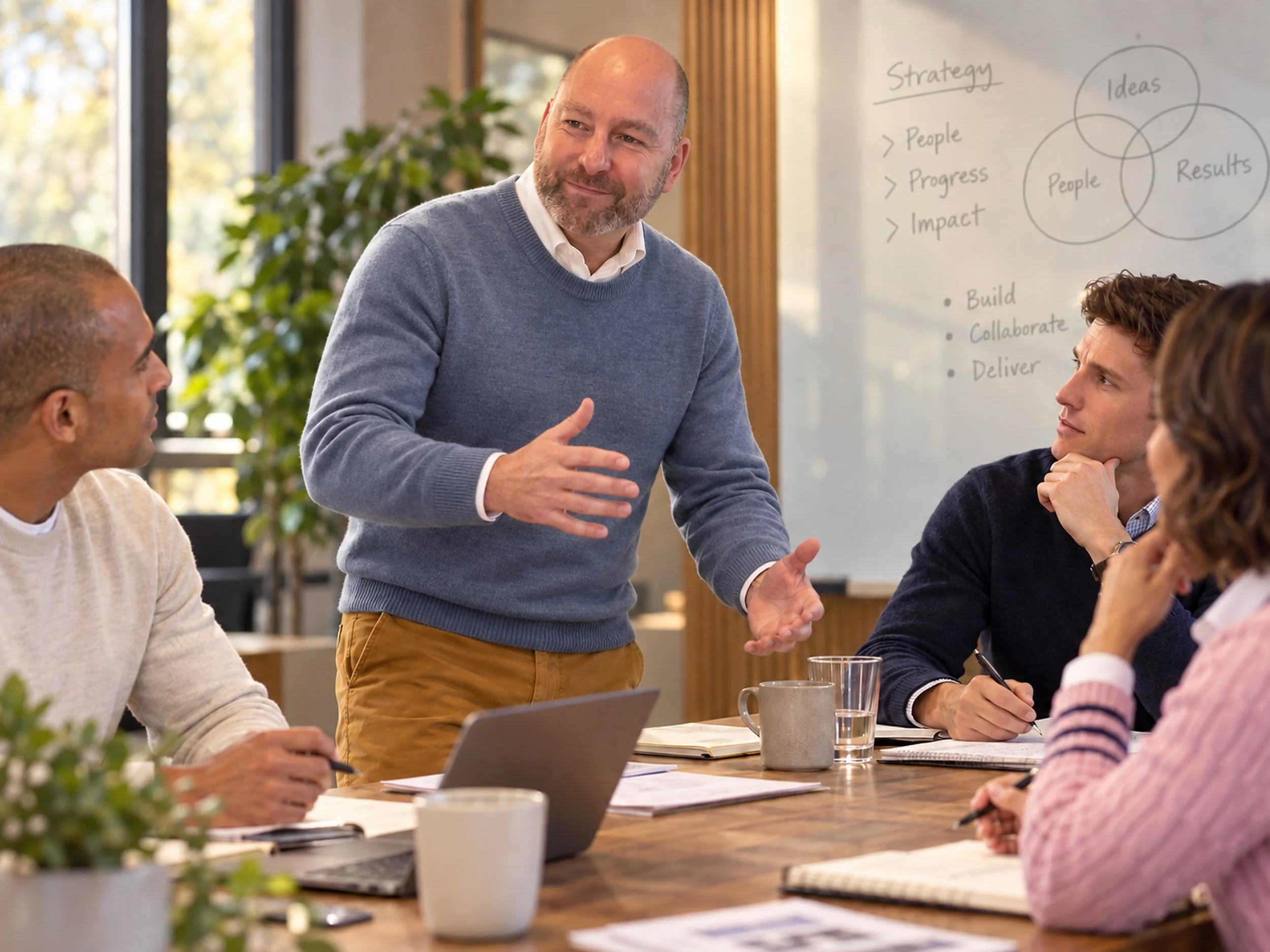 A man in a blue sweater is standing and speaking to a group of people in a meeting room with a whiteboard behind him, where ideas and strategy are written. The group is seated at a wooden table with laptops, notebooks, and mugs, and appears engaged in the discussion.