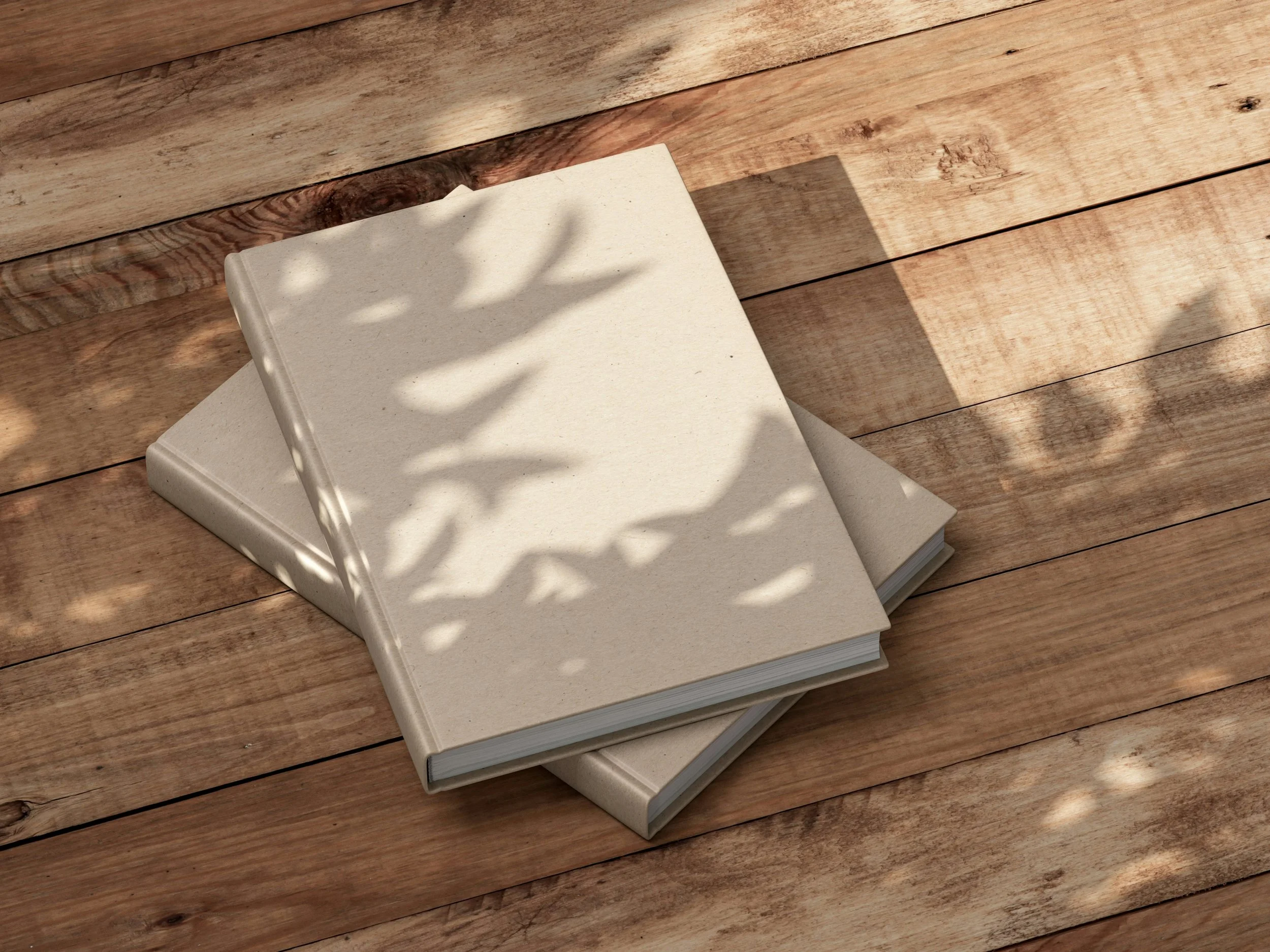 Stack of three white books on a wooden surface with shadow and light patches.
