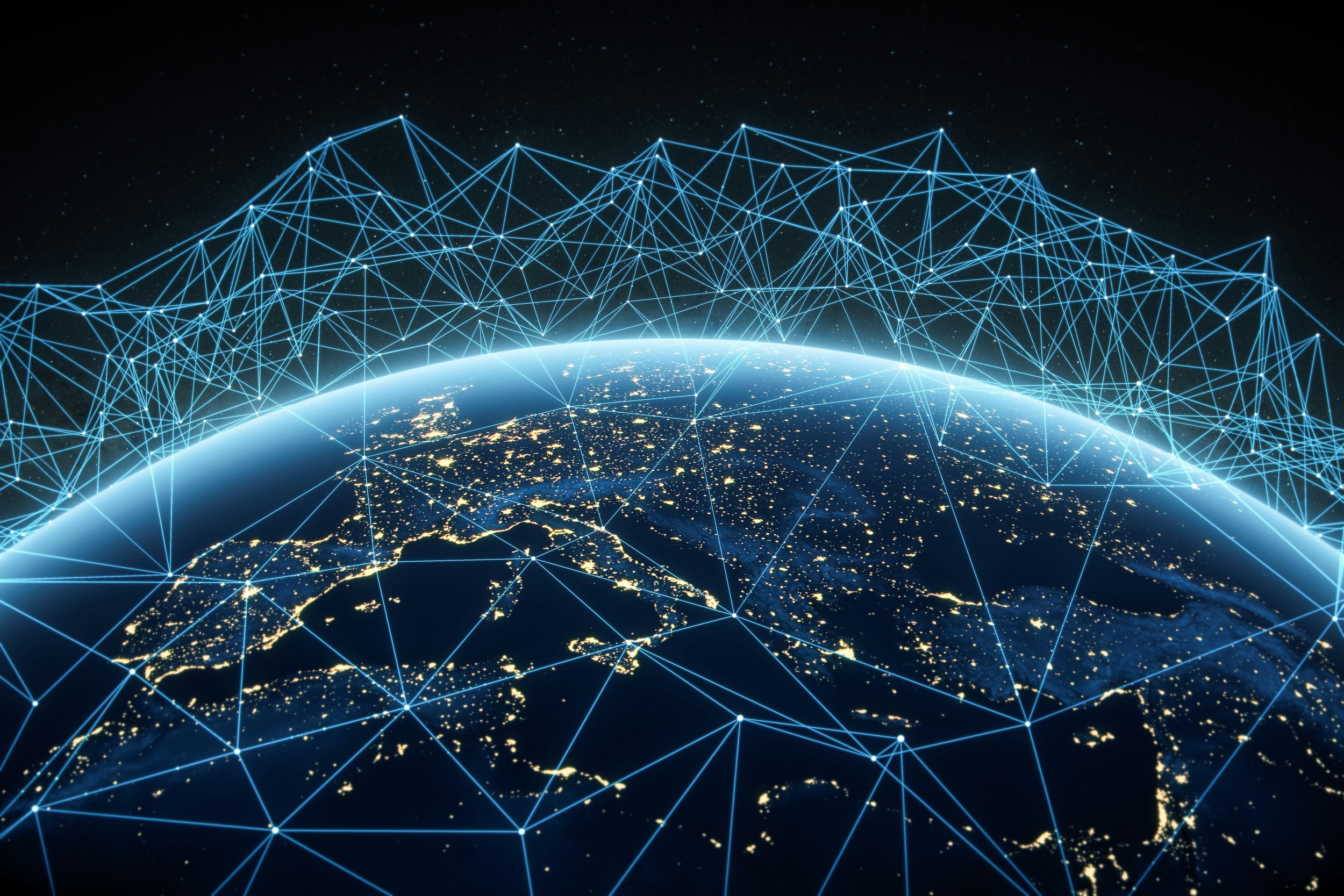 Digital rendering of Earth from space with interconnected blue lines forming a network across the planet's surface and in the surrounding space.