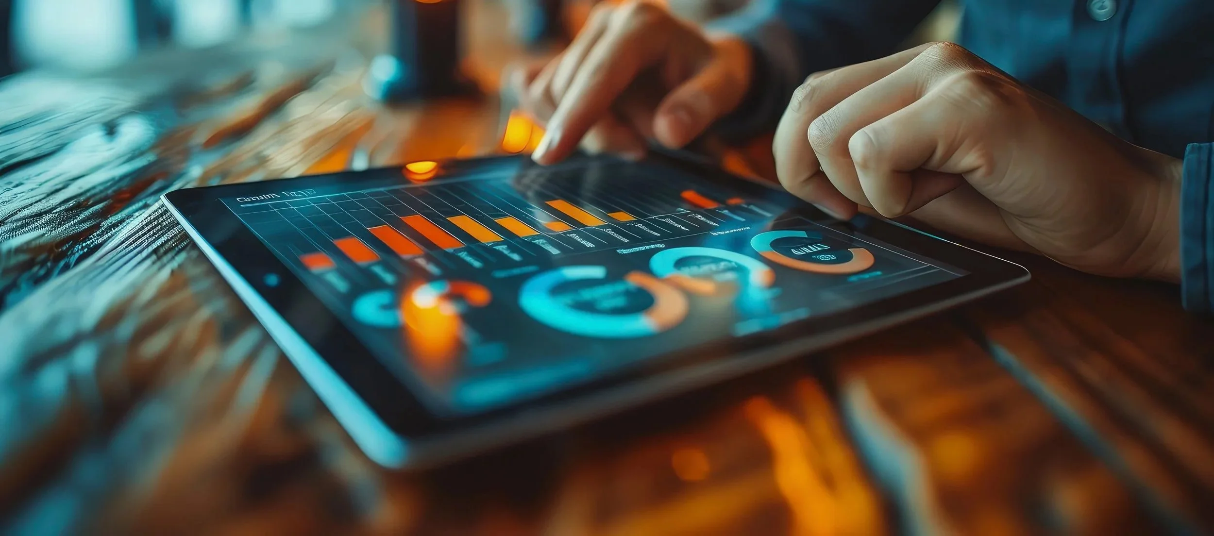 Close-up of a person's hand using a tablet displaying financial or business graphs and data with orange and blue accents, on a wooden table.