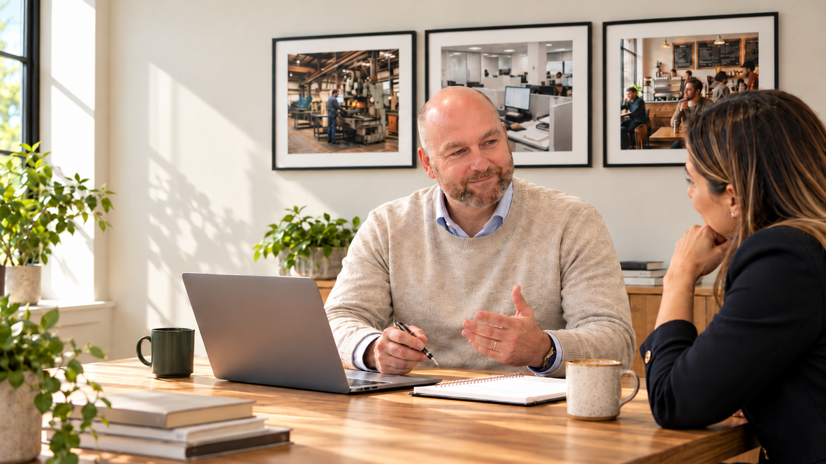 Two people having a conversation at a wooden table in a well-lit office or cafe. One person, a man with a beard, is holding a pen and gesturing. The other, a woman with long hair, is listening with her hand on her chin. A laptop, coffee mug, and books are on the table. Framed photos of a factory, an office, and a cafe hang on the wall behind them.