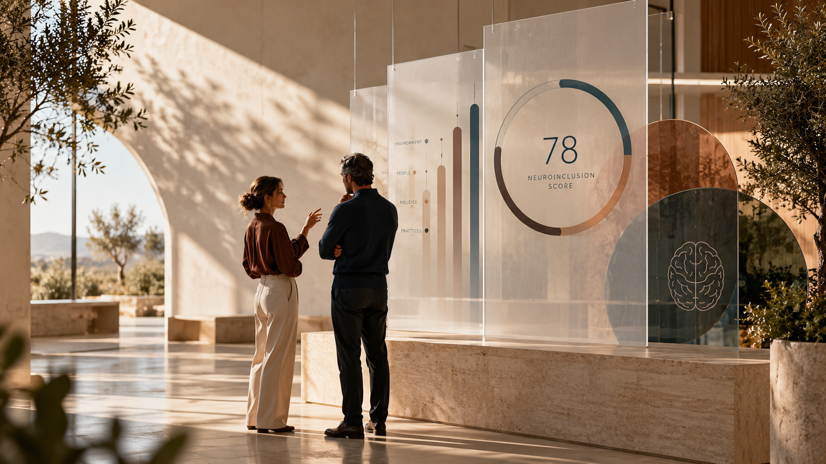Two people engaged in conversation in a modern, sunlit lobby with large glass displays showing a Neuroinclusion Score of 78 and related charts.