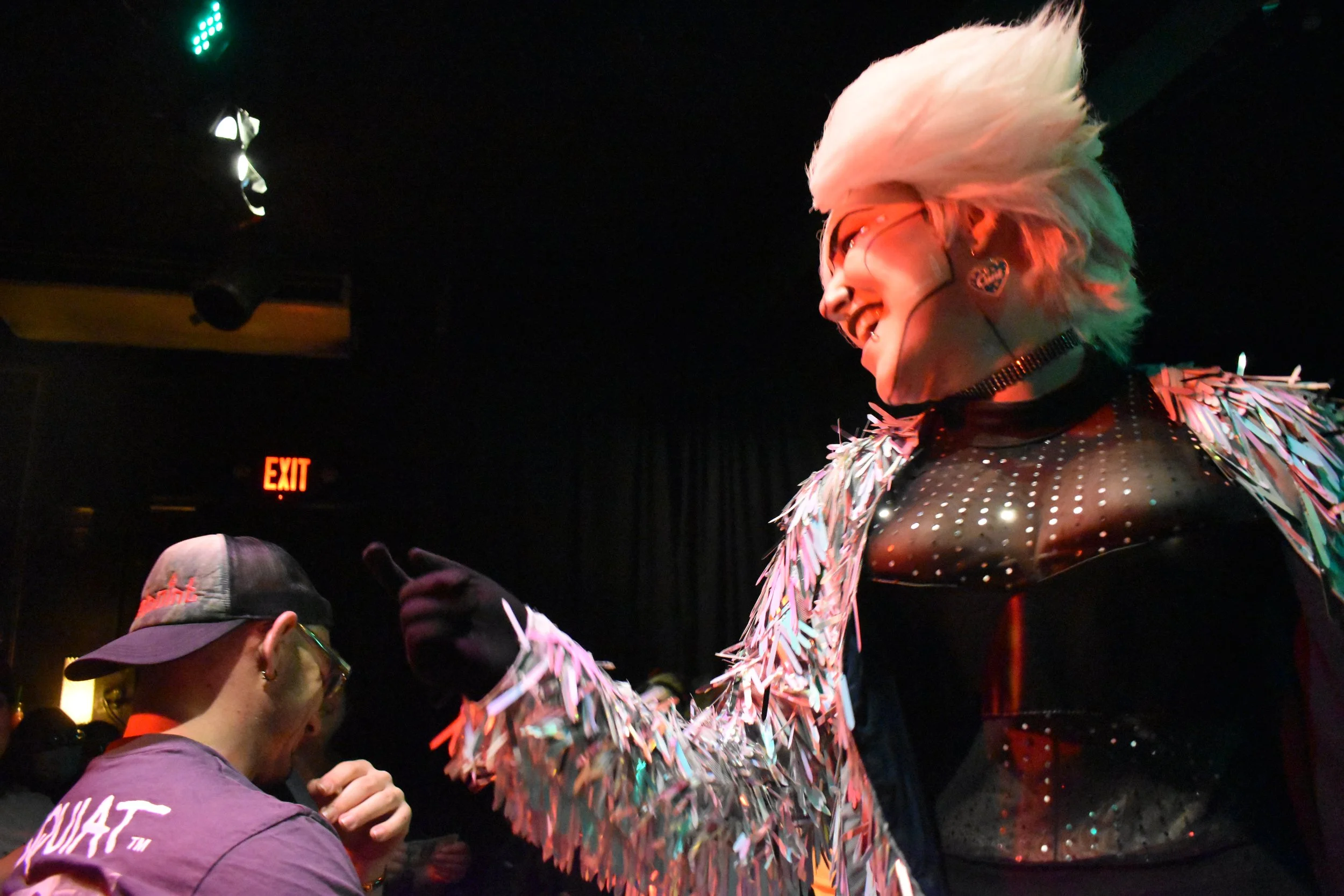 Sequin jacket, bodysuit, boot covers, wig. "Helluva Cabaret" (Newport Theater, '25)
