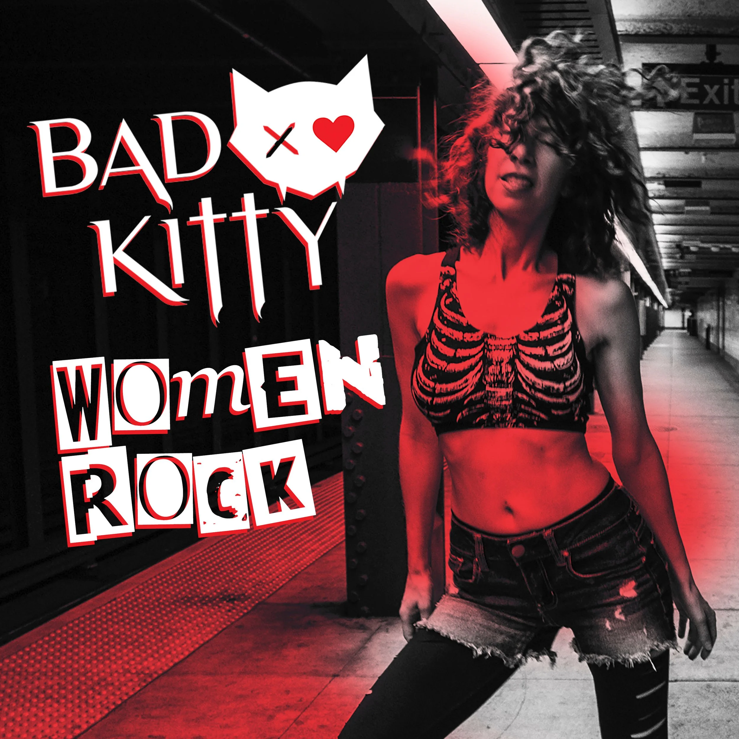Single cover for 'Women Rock' featuring singer dancing on NYC subway platform, hair blowing, in black and white with a red splash