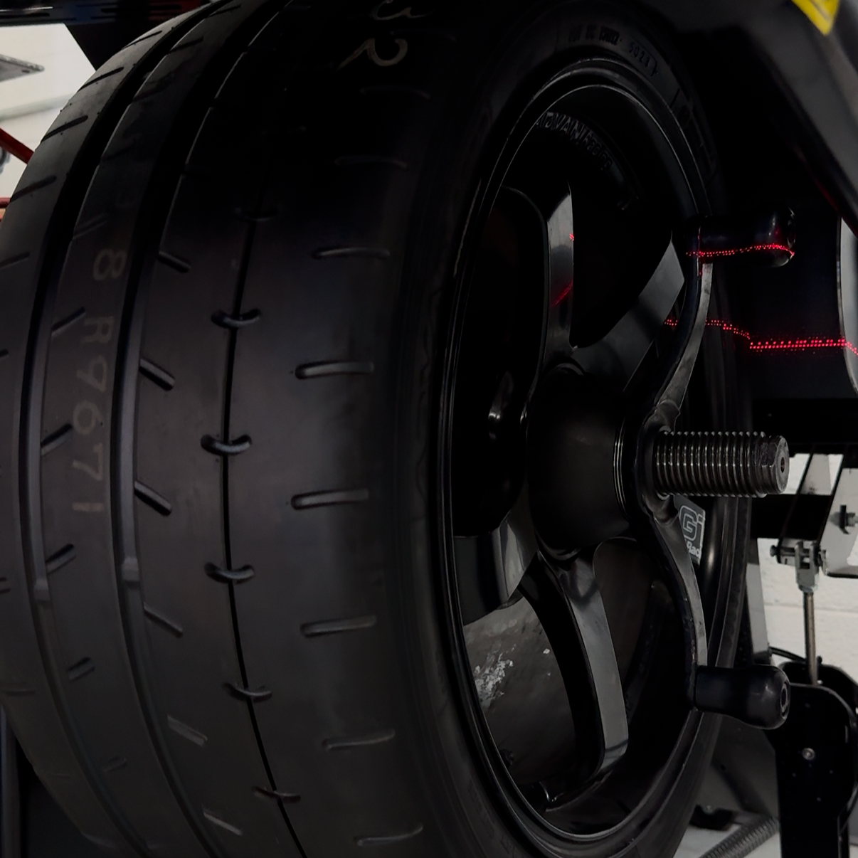 Performance wheel and tire setup receiving a precision alignment at Scottsdale Car Care and Speed Shop