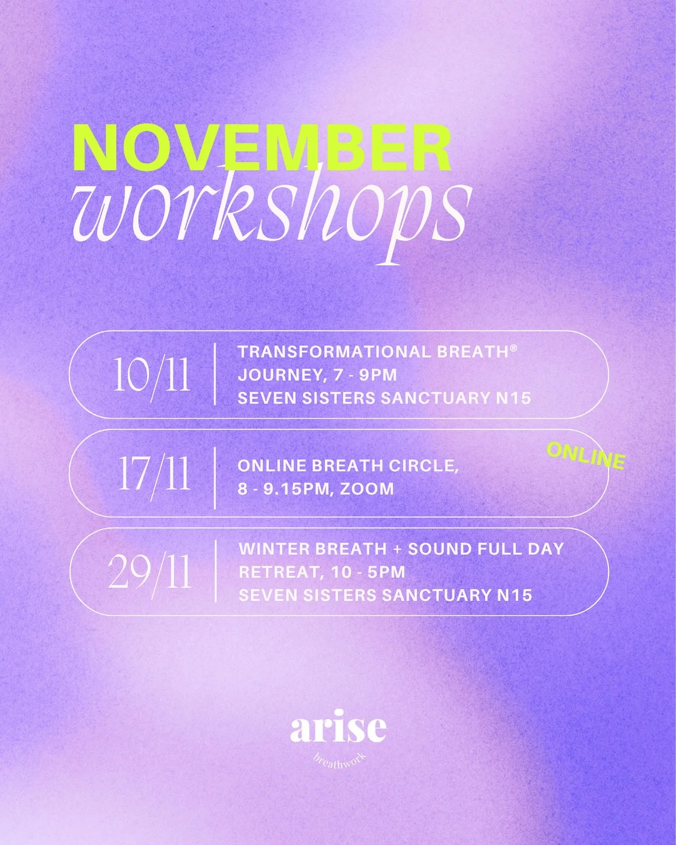 ✨NEW November workshops coming up both online &amp; in @sevensistersanctuary 💜

🔸 10/11 Transformational Breath Journey, 7pm

🔸 17/11 Online Breath Circle, 8pm

🔸 29/11 Winter Breath + Sound Day Retreat, 10 - 5pm

There&rsquo;s only one spot left