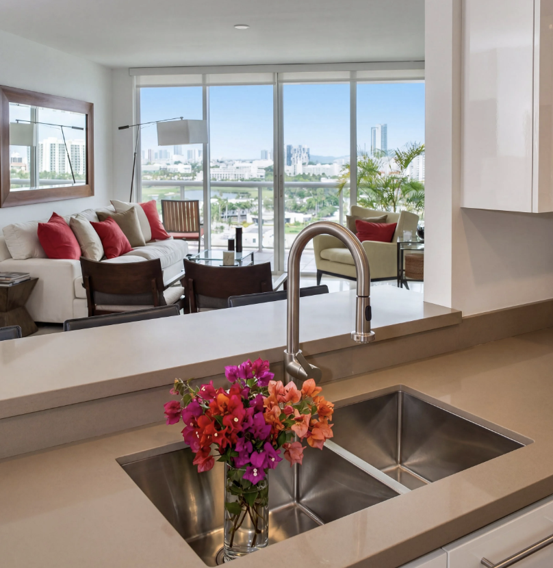 Open-concept condo renovation with kitchen island overlooking ocean view living room.