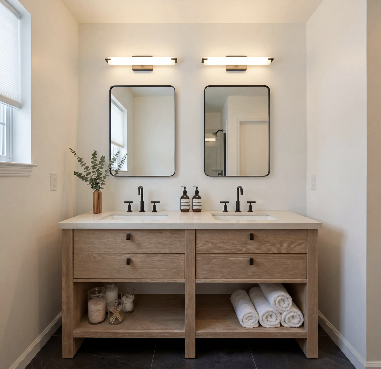 Custom white oak double vanity with black fixtures in East Hampton bathroom renovation.