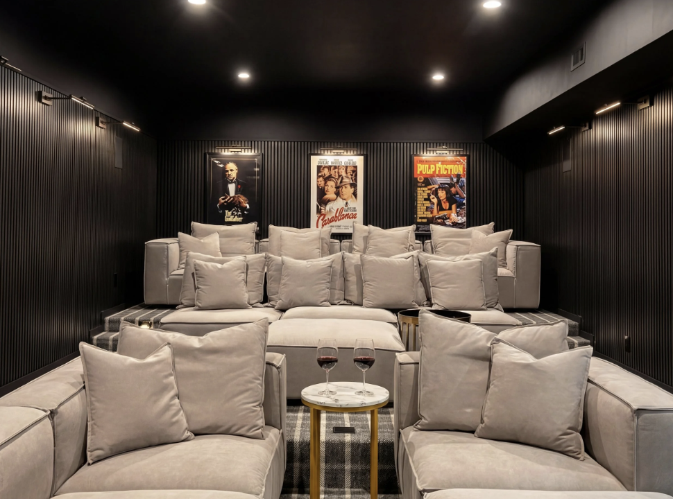 Private movie room with tiered sectional seating and recessed lighting in Hamptons home.