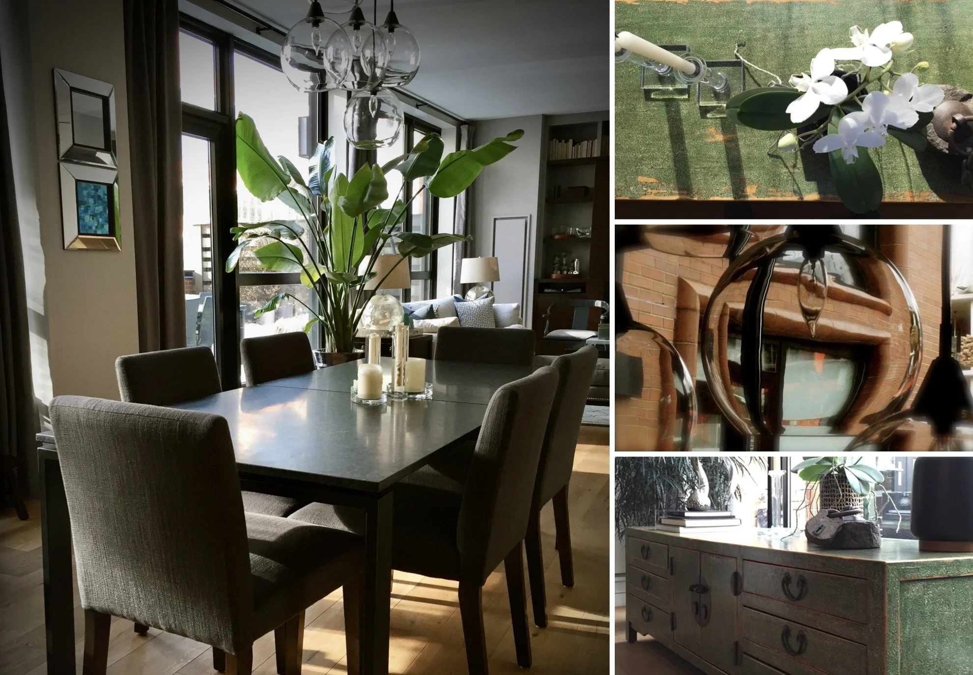 Urban dining area with warm materials, natural light, and residential interior styling