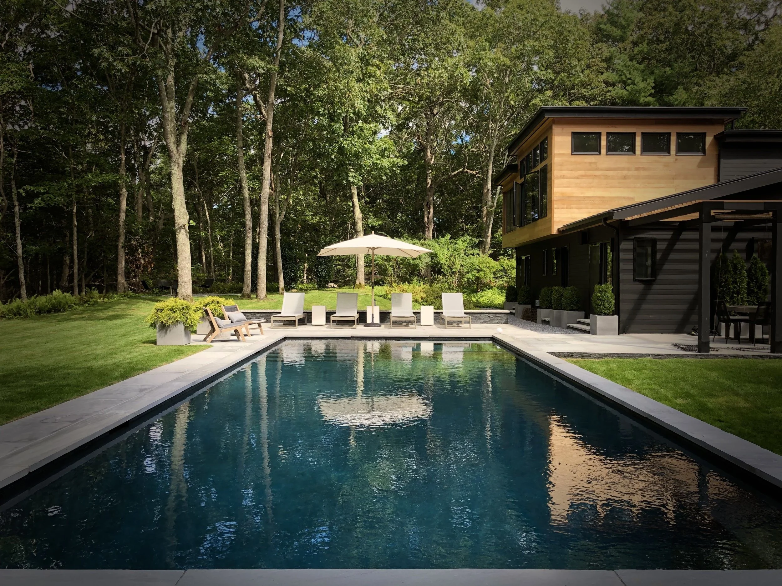 Modern Hamptons home with pool and landscaped backyard, residential design by Domicile & Co. in East Hampton