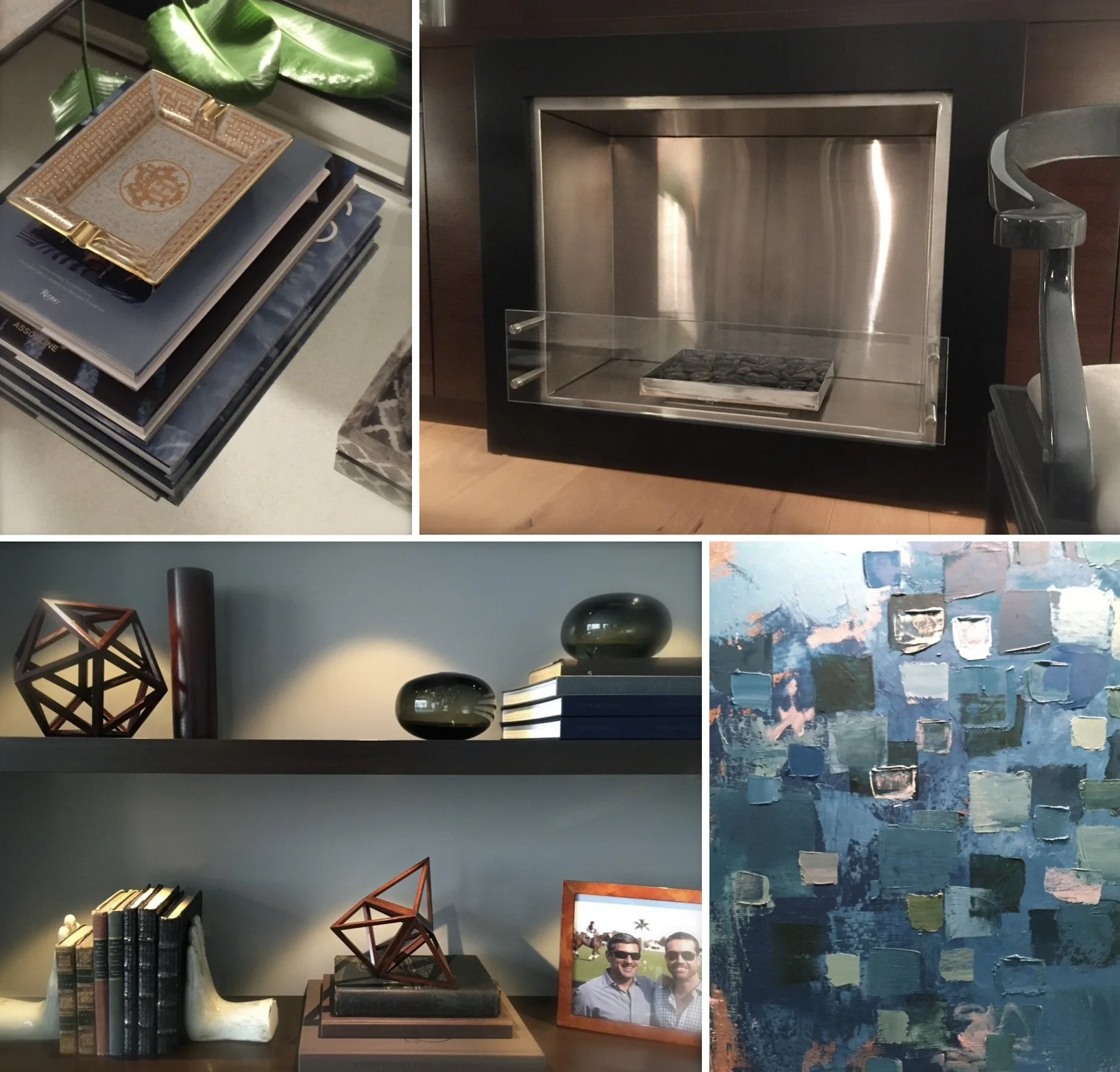 Interior design detail collage featuring styled books, modern fireplace, curated shelving, and abstract artwork