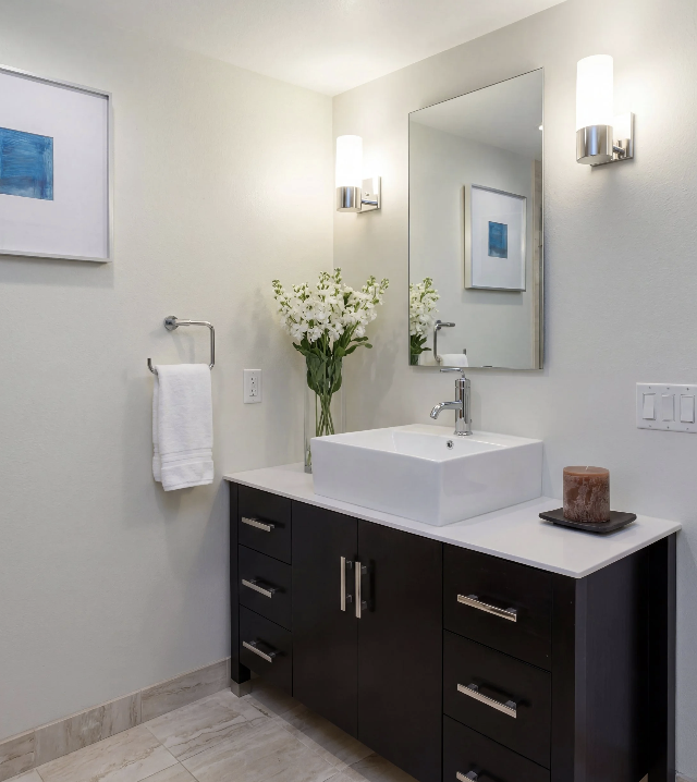 Modern condo bathroom vanity with dark wood cabinetry and white countertop.