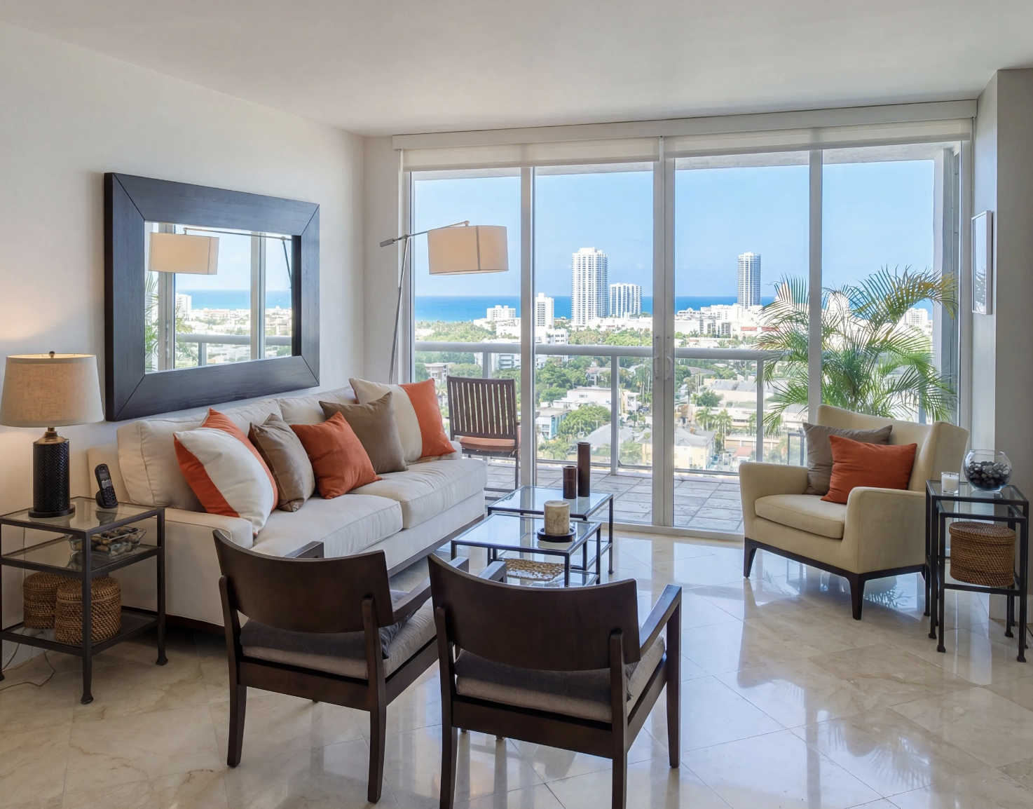 Miami Beach condo living room with ocean views and contemporary furnishings.